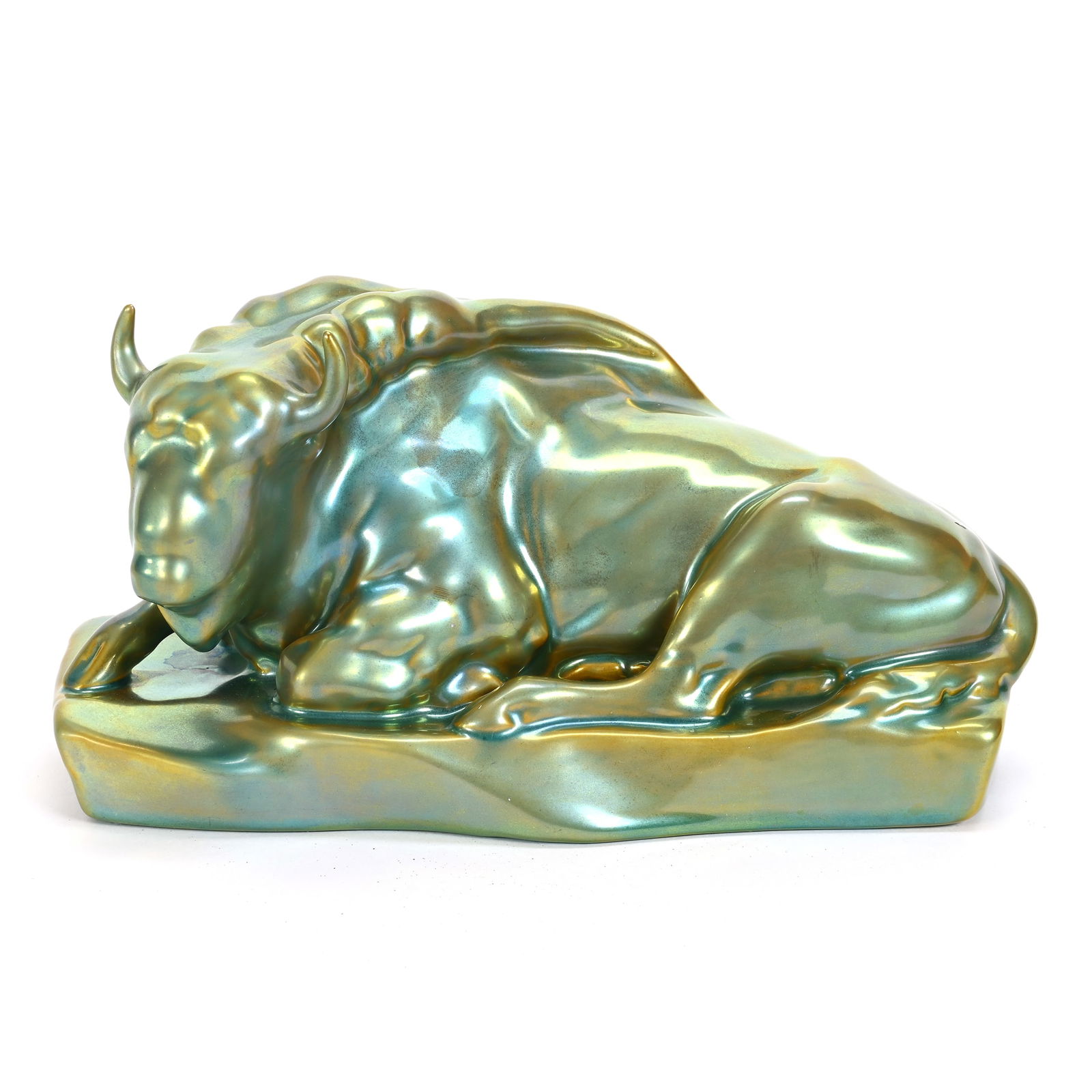 Figurine Marked Zsolnay, Buffalo At Rest: Figurine Marked Zsolnay, Buffalo At Rest, 4.5" x 8.5", Highly Iridescent Green, Kansas Private Collection.