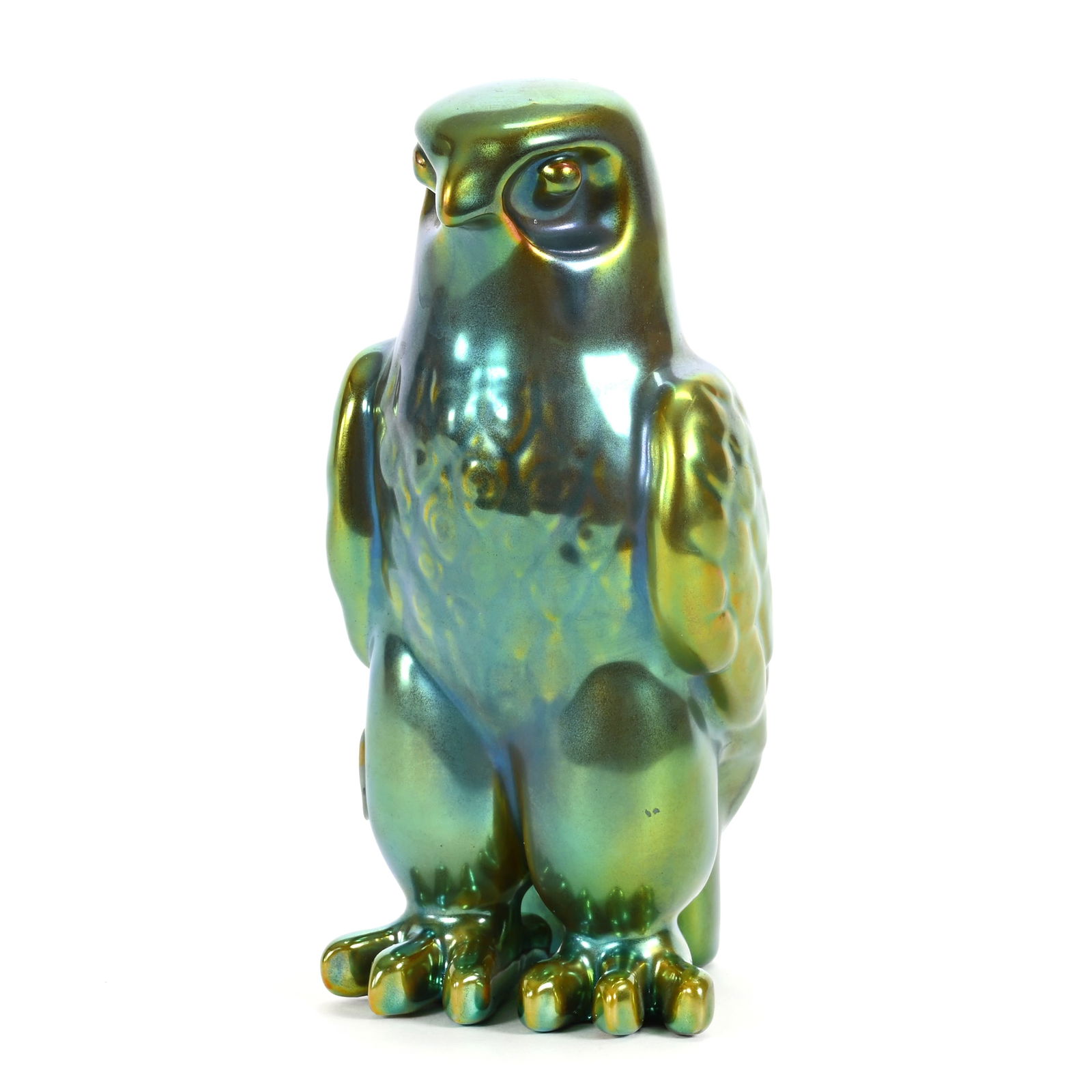 Figurine, Unmarked Zsolnay, Standing Eagle: Figurine, Unmarked Zsolnay, Standing Eagle, 6.75" x 3", Highly Iridescent Green, Kansas Private Collection.
