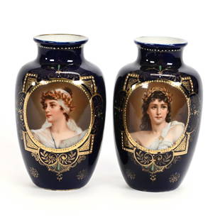 Pair Vases Marked Royal Vienna, Portraits: Pair Vases Marked Royal Vienna, Portraits, 6" x 3.75", Cobalt Blue With Medallion Portraits Of Two Women, Gold Stencil Highlights, Fred Zumthurn Collection.