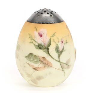 Sugar Shaker, Unmarked Mt. Washington Art Glass: Sugar Shaker, Unmarked Mt. Washington Art Glass, 4.25" x 3.5", Egg Shape, Yellow Tones With Pink Rose Decor, Fred Zumthurn Collection.