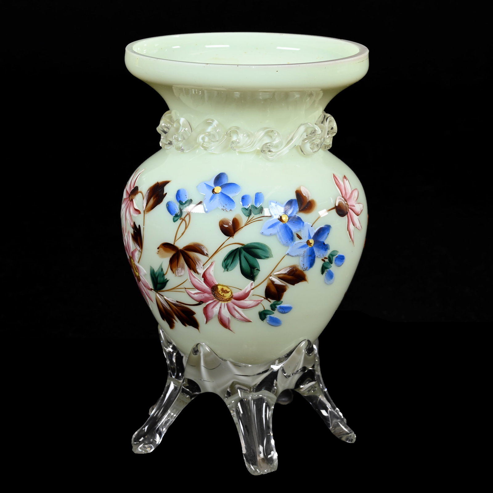 Vase, Footed, Opaque Yellow Art Glass: Vase, Footed, Opaque Yellow Art Glass, 6.75" x 4", Colorful Enamel Floral Decor, Clear Applied Feet And Rigoree, Highly Reactive Under Black Light, Chips On Feet, Fred Zumthurn Collection.