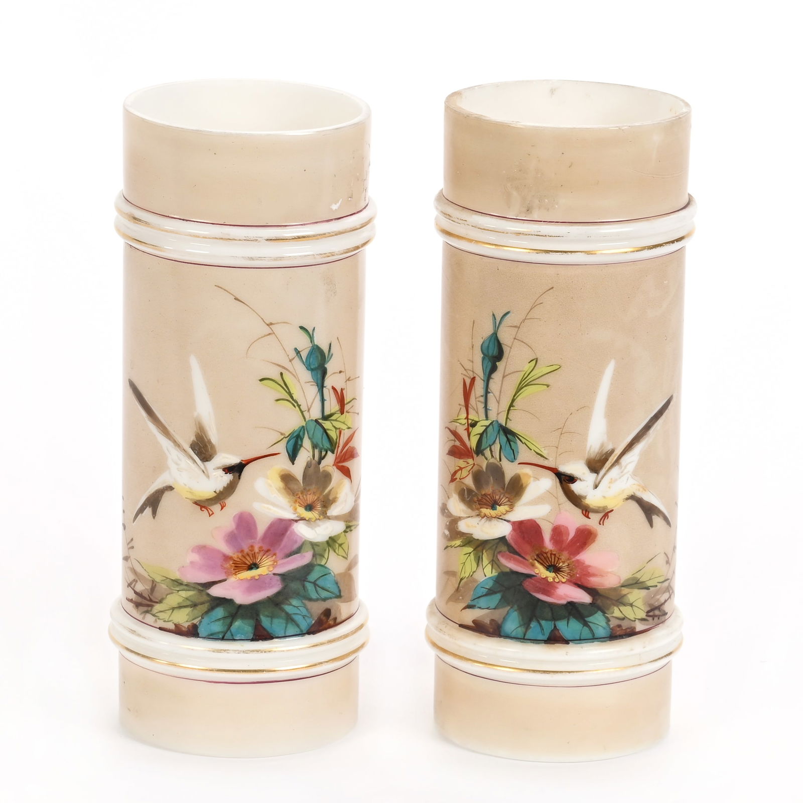 Pair Cylinder Vases, Cream Opal Ware (1 of 3)