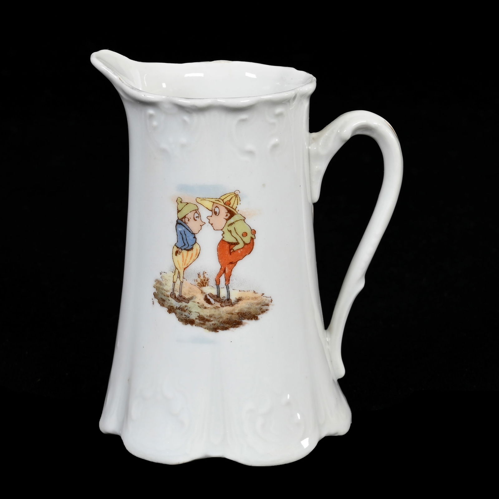 Creamer, Unmarked Germany, Palmer Cox Brownies: Creamer, Unmarked Germany, Palmer Cox Brownies, 4.5" x 3.5", Scene Of Two Brownies, Fred Zumthurn Collection.