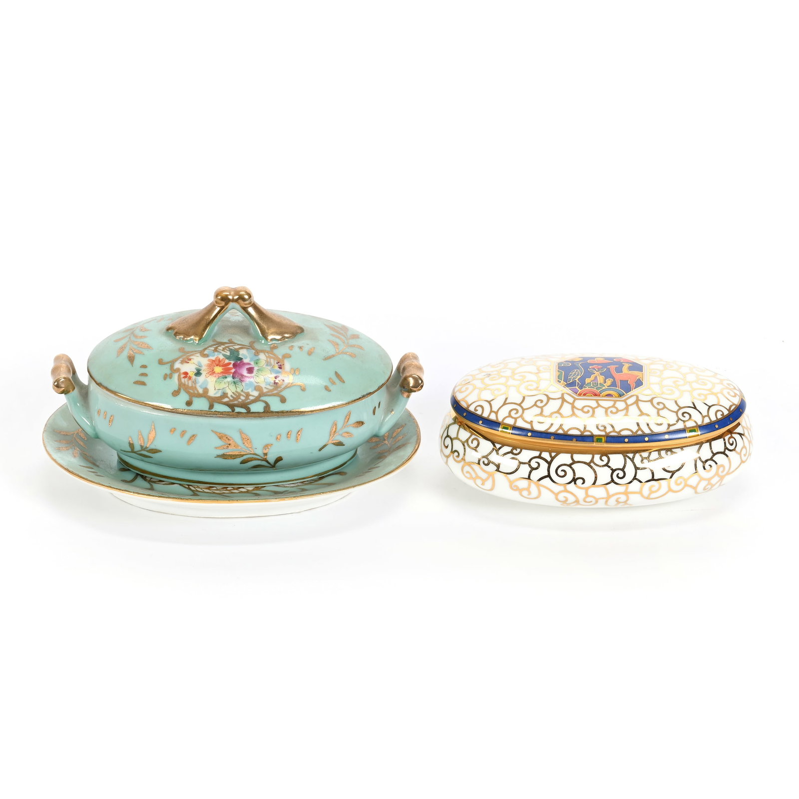 (2) Covered Items: (2) Covered Items, (1) 3" x 5" Covered Casserole With Underplate, Unmarked Japan, (1) 1.75" x 4.25" Covered Box Marked St. James Bone China, Korea, Fred Zumthurn Collection.
