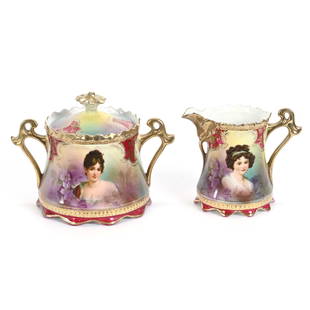 Creamer & Sugar Set Marked Royal Vienna: Creamer & Sugar Set Marked Royal Vienna, 4" x 5.5", Portraits Of Racamier And Lebrun With Ribbon, Yellow, Green And Lavender Tones, Red Border, Creamer Has Chip Repairs On Spout, Fred Zumthurn Collect