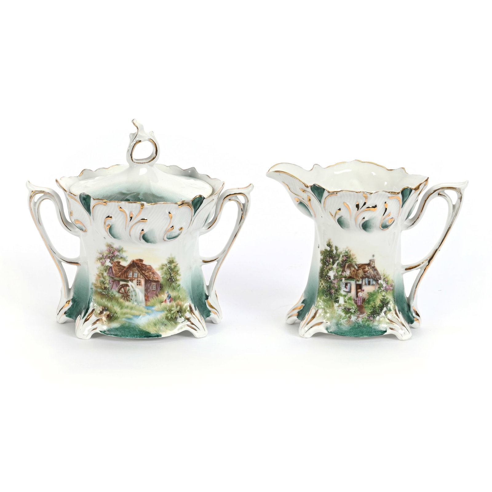 Creamer & Sugar Set Marked R.S. Prussia: Creamer & Sugar Set Marked R.S. Prussia, 4.75" x 5.25", Cottage And Mill Scenic Decors, Green And White Tones, Fred Zumthurn Collection.