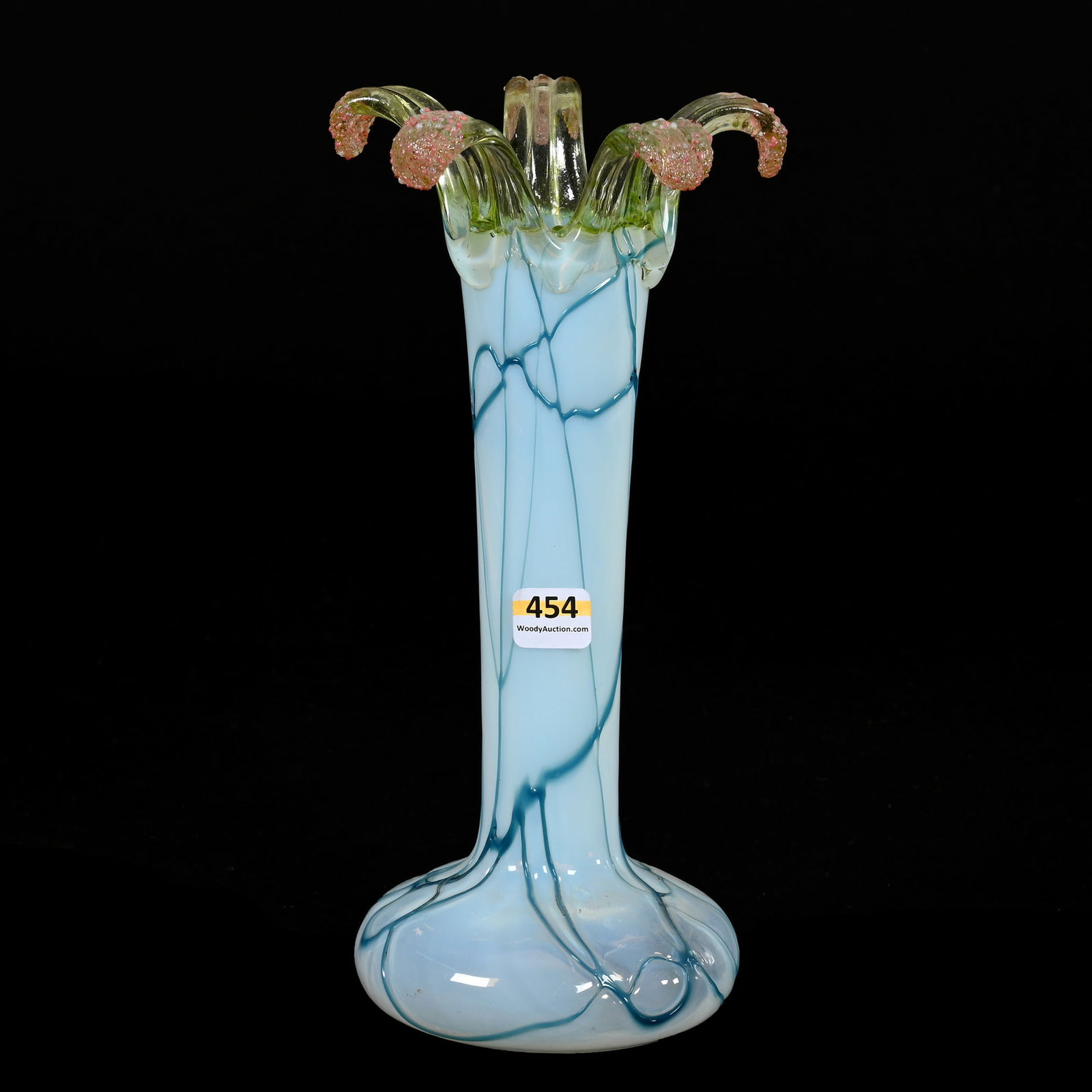 Vase, White Opalescent Art Glass: Vase, White Opalescent Art Glass, 10.5" x 5", Blue Threaded Design, Vaseline Pulled Rim With Pink Textured Highlights, Fred Zumthurn Collection.