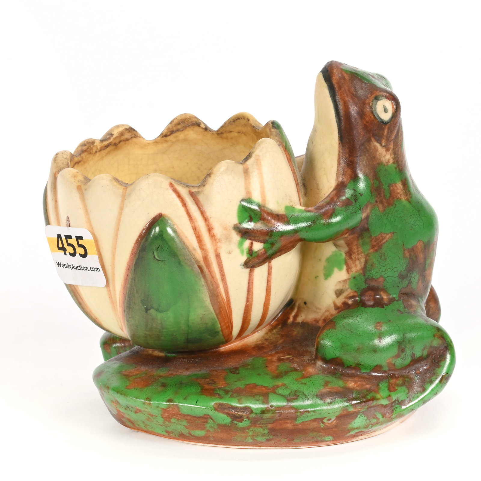 Figural Vase Marked Weller Art Pottery: Figural Vase Marked Weller Art Pottery, 4" x 4.5", Frog Embracing Waterlily Blossom, Coppertone Pattern, Fred Zumthurn Collection.