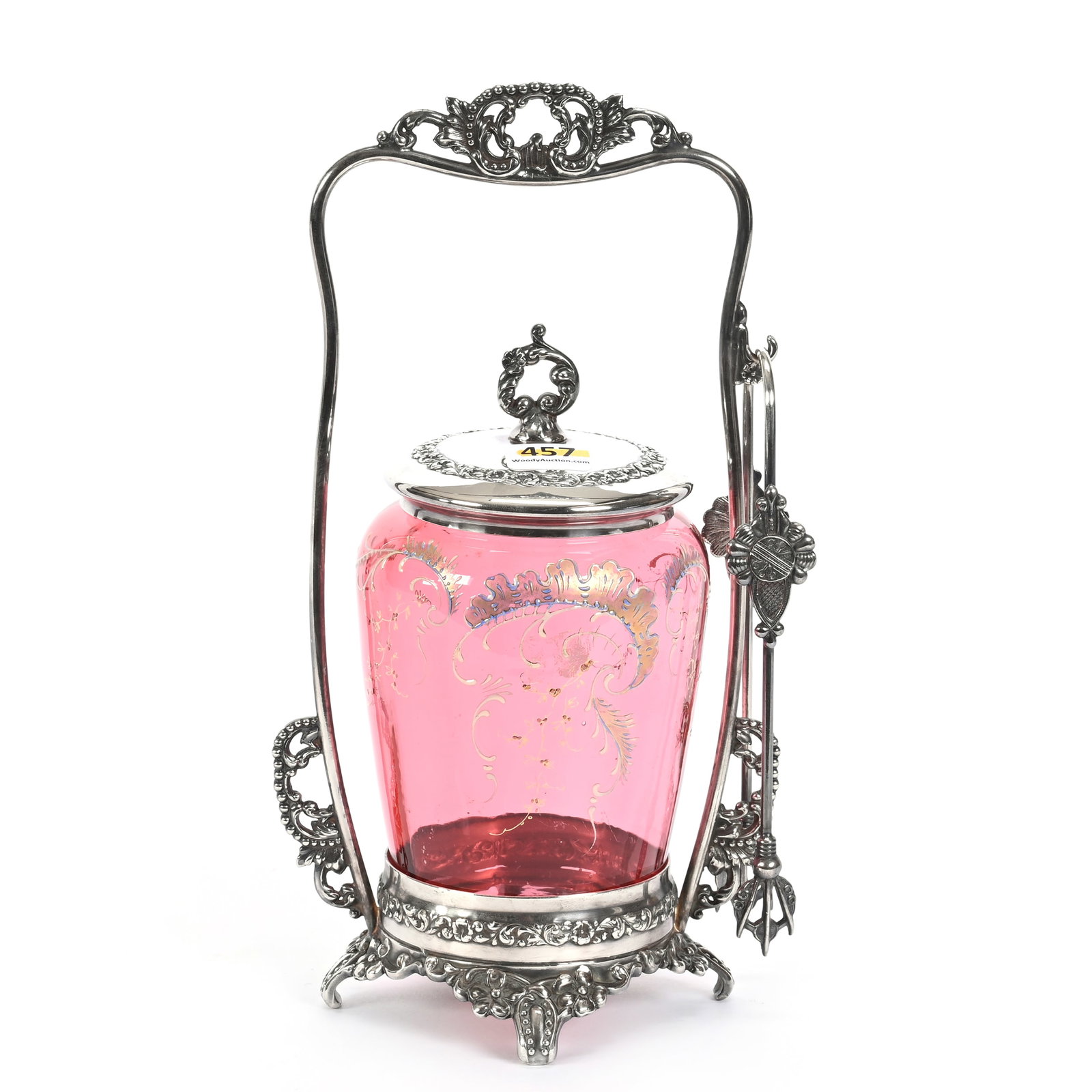 Victorian Pickle Castor: Victorian Pickle Castor, 10" x 5", Cranberry Art Glass Insert With Enamel Scroll Decor, Set On Pairpoint #699 Silverplate Frame, Fred Zumthurn Collection.