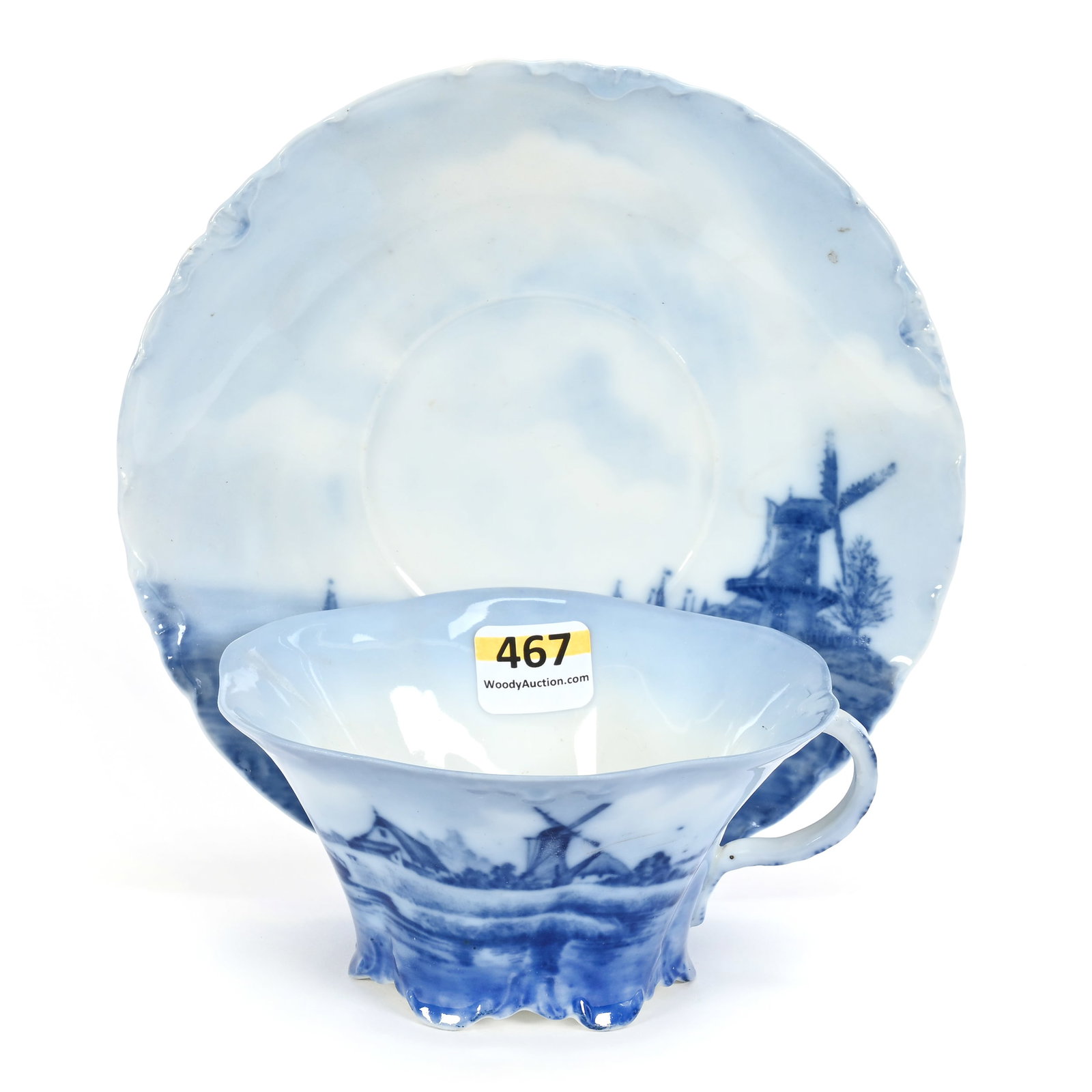 Coffee Cup & Saucer Marked Delft Germany: Coffee Cup & Saucer Marked Delft Germany, 2.5" x 6.25", Blue And White With Classic Mill And Sailboat Scenic Decor, Fred Zumthurn Collection.