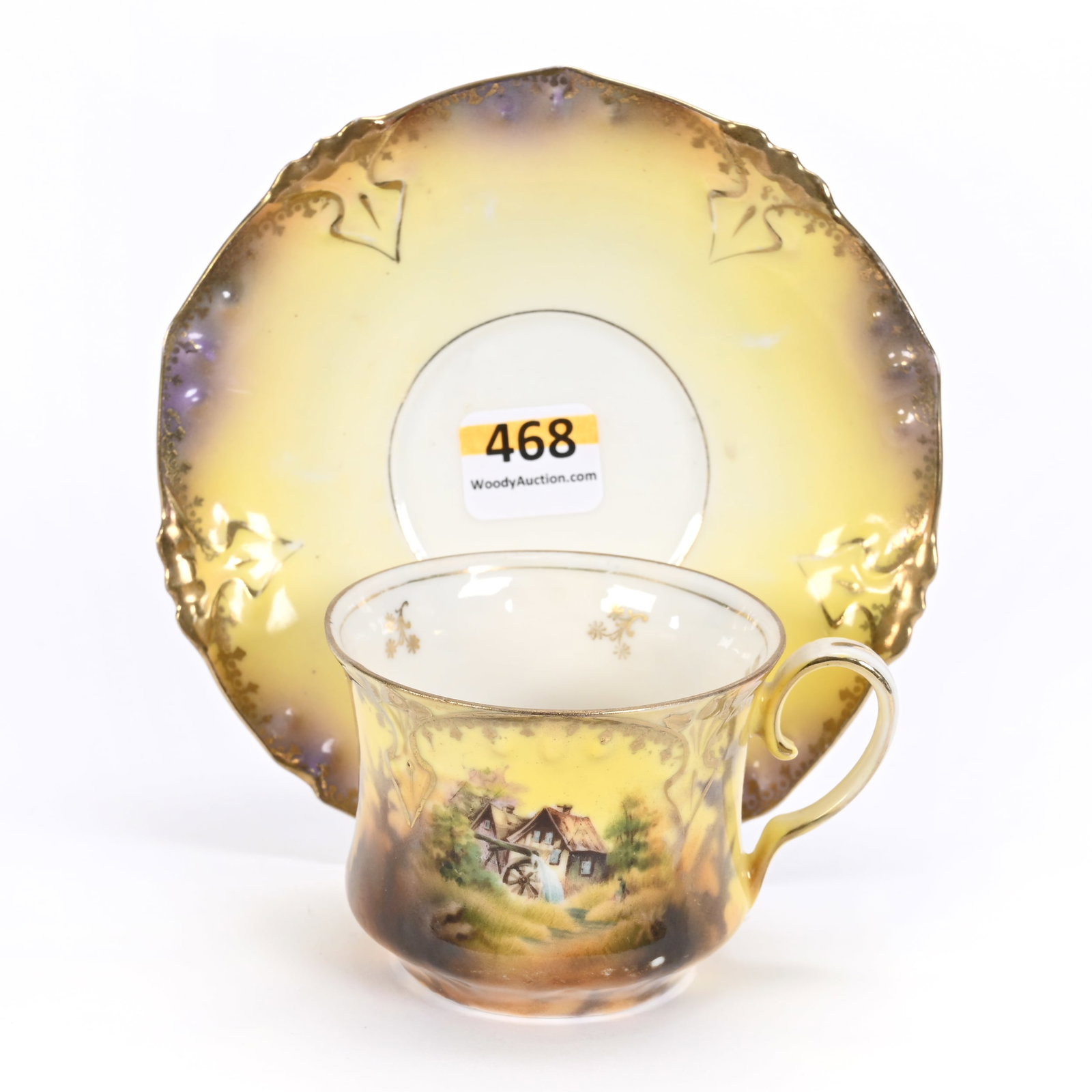 Cup & Saucer Marked R.S. Prussia, Mill Scenic Decor: Cup & Saucer Marked R.S. Prussia, Mill Scenic Decor, 2.5" x 5", Brown And Yellow Tones, Fred Zumthurn Collection.