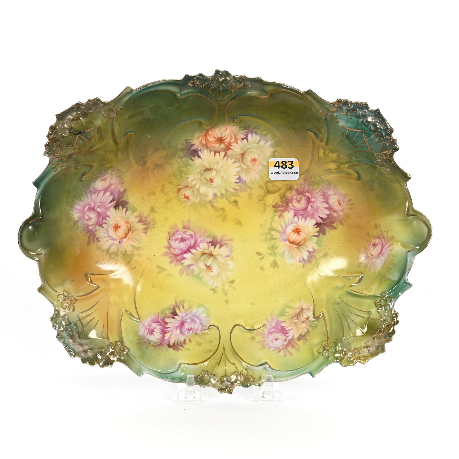 Oval Bowl, Unmarked R.S. Steeple Mold: Oval Bowl, Unmarked R.S. Steeple Mold, 11.5" x 9.25", Green And Yellow Tones, Pink And Yellow Floral Decor, Fred Zumthurn Collection.