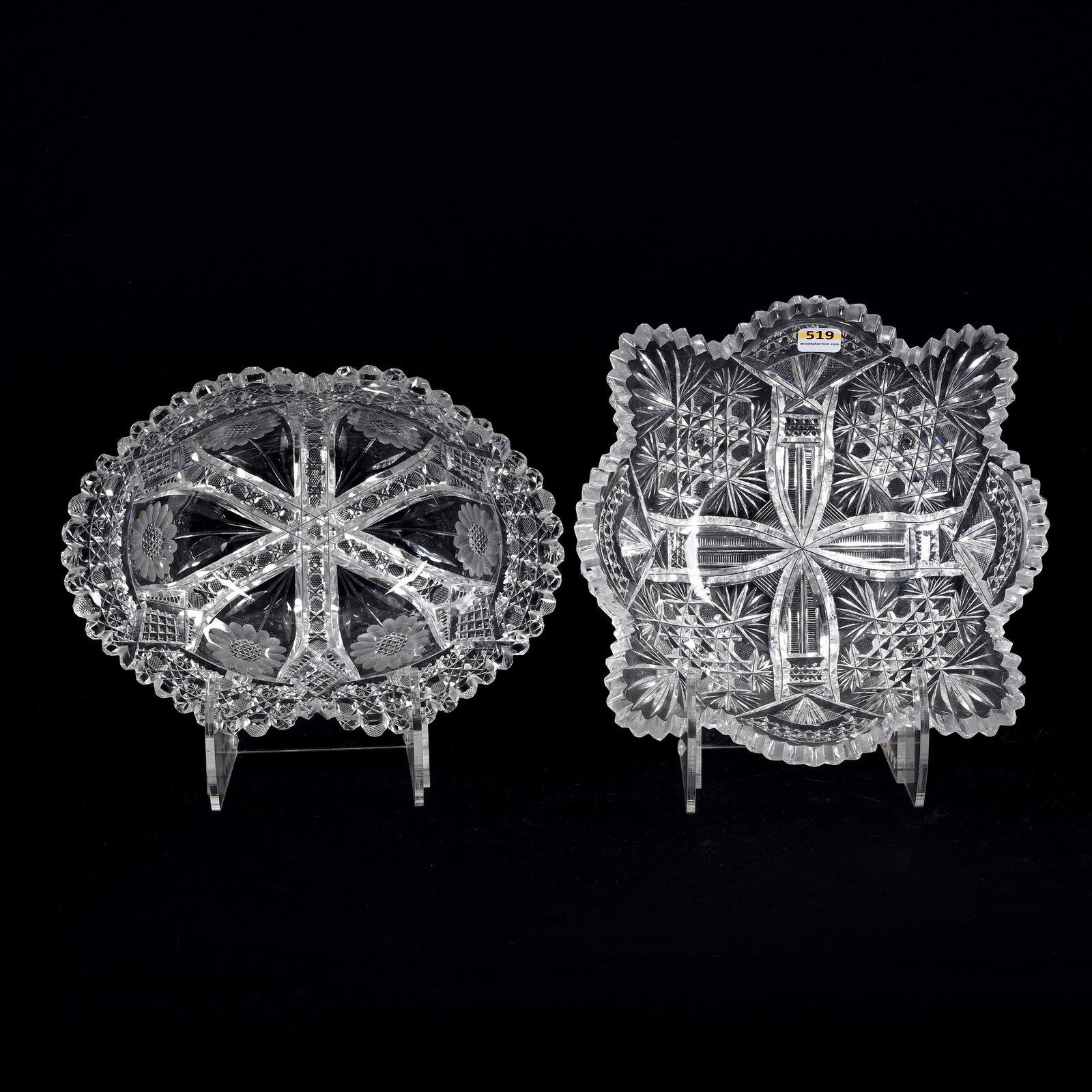 (2) Bowls, American Brilliant Cut Glass: (2) Bowls, American Brilliant Cut Glass, 10" approximately, (1) Oval, Harvard And Engraved Floral Motif, Outside Rim Chip, (1) Square, Flashed Modified Hobstar, Shield And Fan Motif, Two Tooth Chips, 