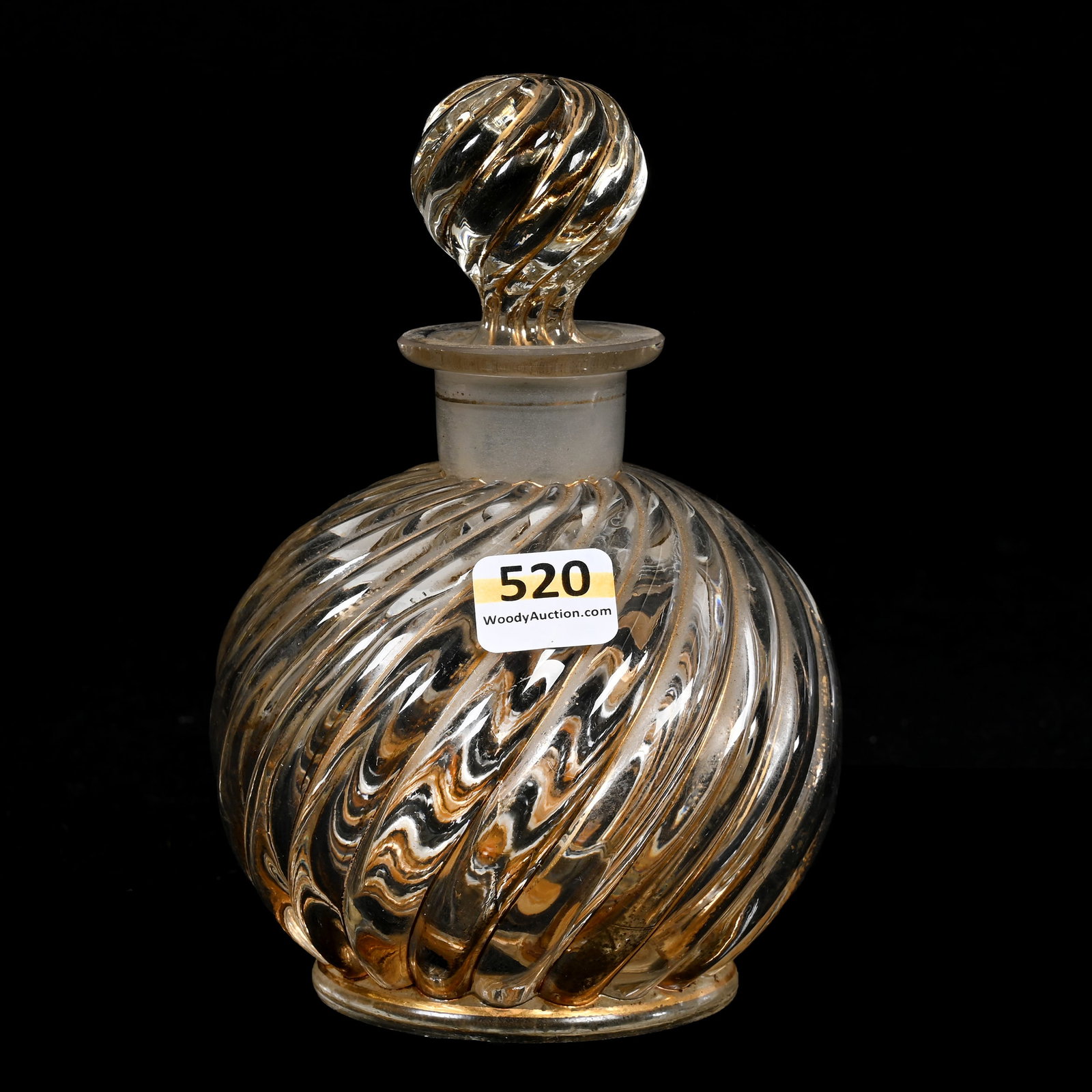 Cologne, Clear Unmarked Baccarat Style: Cologne, Clear Unmarked Baccarat Style, 6" x 4.25", Swirl Mold, Gold Stencil Highlights, Alabama Private Collection.
