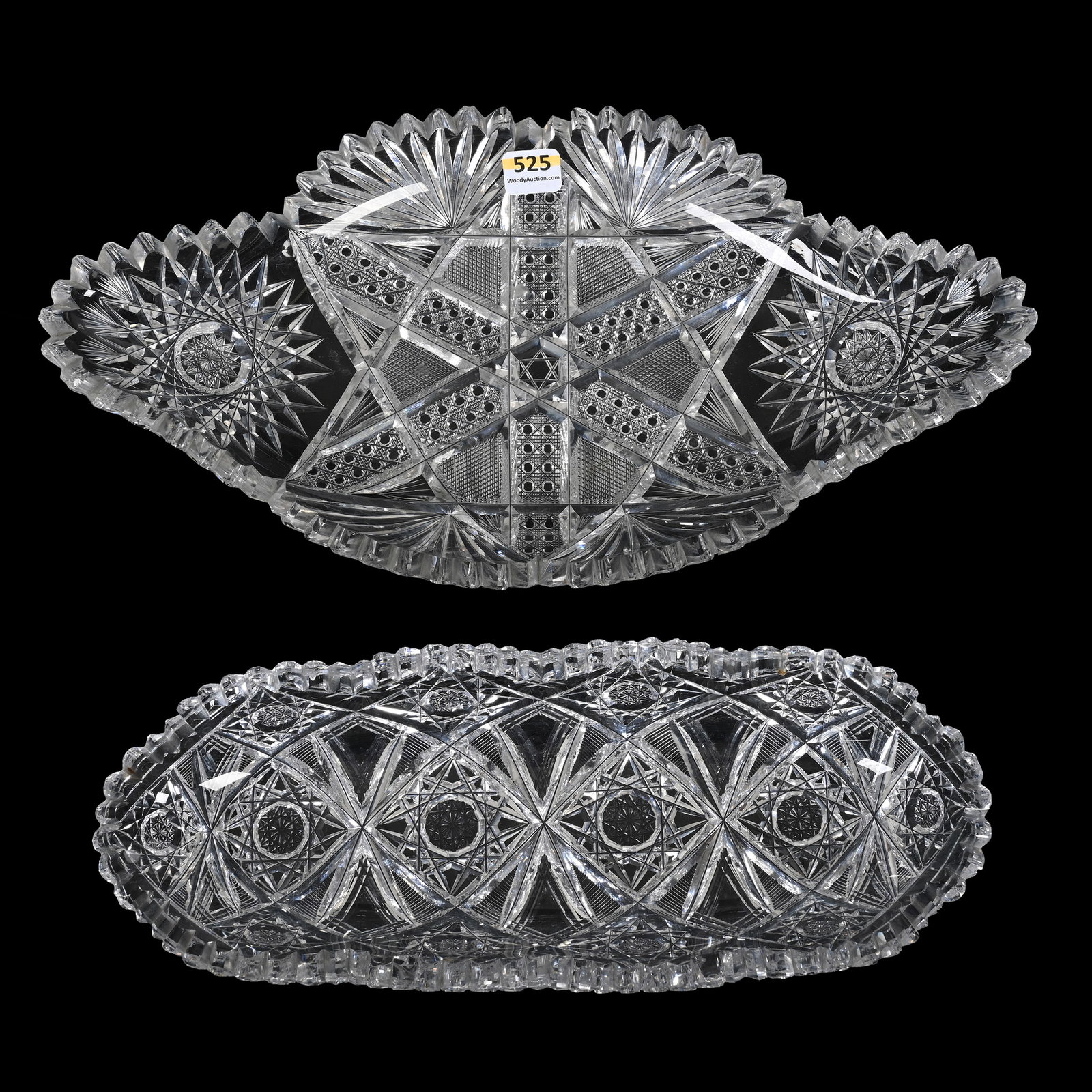 (2) Trays, American Brilliant Cut Glass: (2) Trays, American Brilliant Cut Glass, (1) 14" x 7.5" Ice Cream Tray, Signed Fry, Hobstar, Crossed Bar, Cane, Strawberry Diamond And Fan Motif, Rim Chips, (1) 12" Celery Tray, Hobstar And Miter Moti