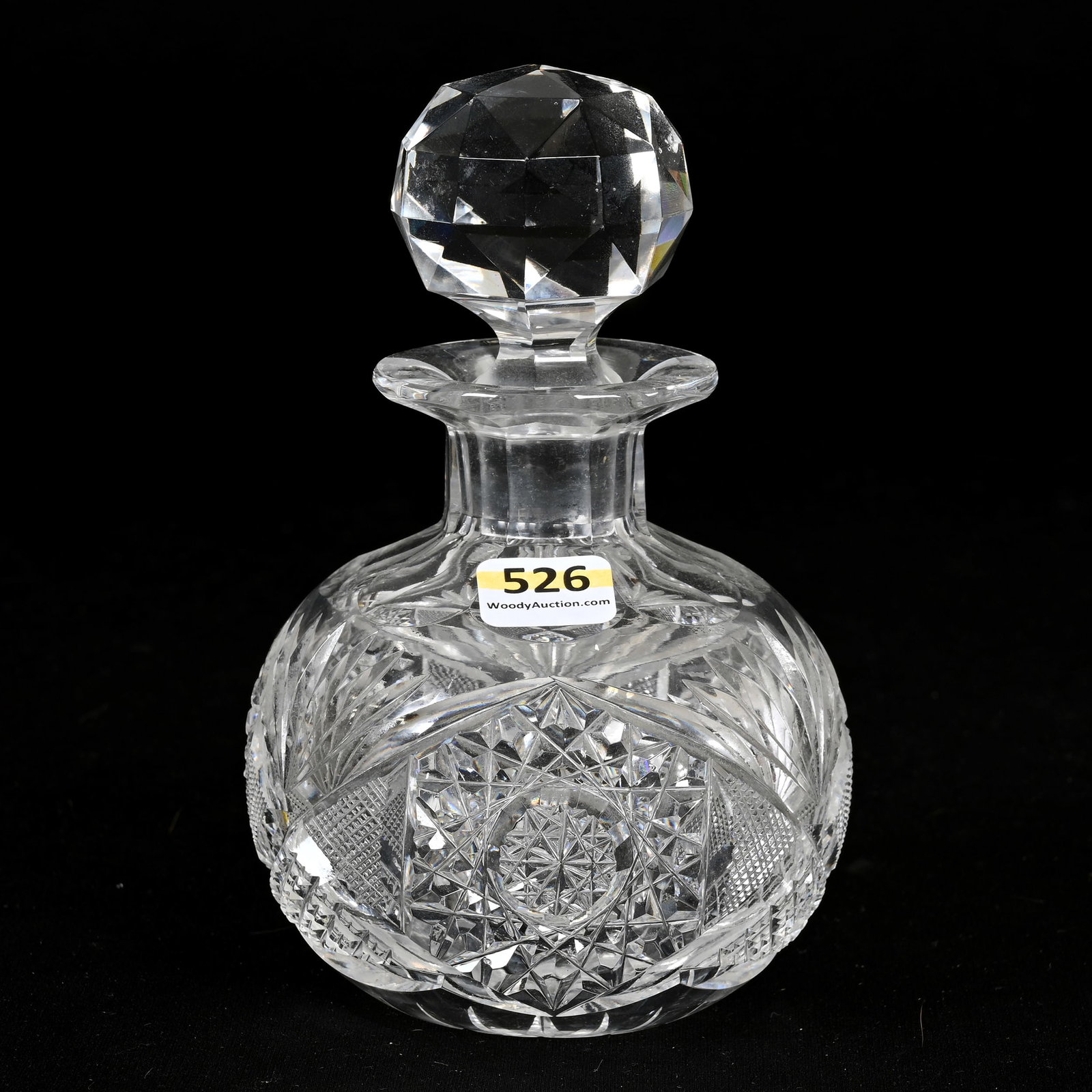Cologne Bottle, American Brilliant Cut Glass: Cologne Bottle, American Brilliant Cut Glass, 6.25" x 4", Hobstar, Crosscut Diamond, Strawberry Diamond And Fan Motif, Ray Cut Base, Stopper Has Chips On Plug And Top, Alabama Private Collection.
