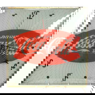 1960's Coca-Cola Fish Tail Clock, Red: 1960's Coca-Cola Fish Tail Clock, Red, 15" x 15", Owner Indicated The Clock Did Light Up, But Woody Auction Was Unable To Get The Bulb To Light At Time Of Listing, Kansas Private Collection.