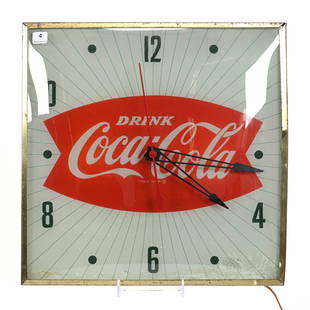 1960's Coca-Cola Fish Tail Clock, Red: 1960's Coca-Cola Fish Tail Clock, Red, 15" x 15", Owner Indicated The Clock Did Light Up, But Woody Auction Was Unable To Get The Bulb To Light At Time Of Listing, Time Mechanism Was In Working