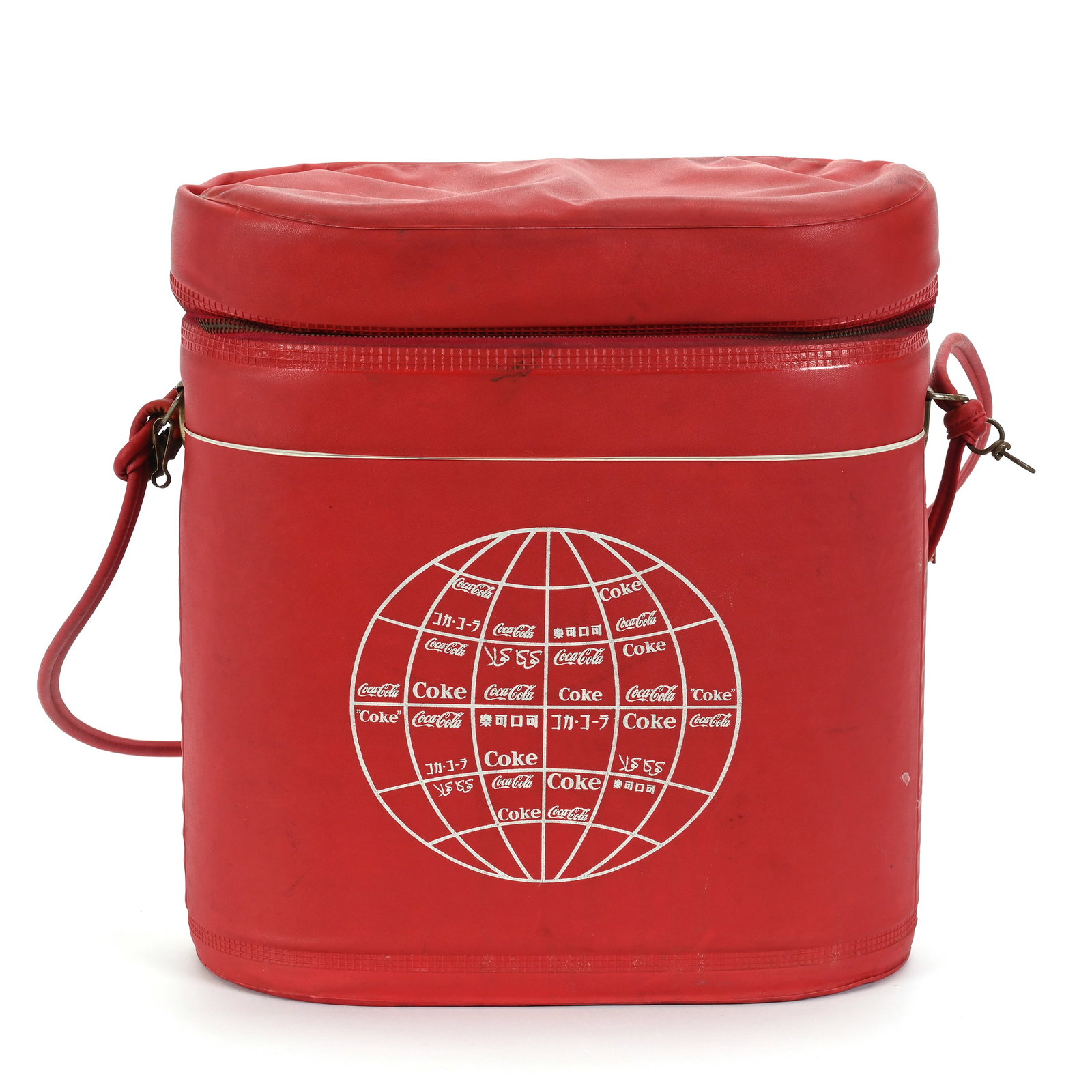 1980's Coca-Cola Vinyl Cooler, "Around The World": 1980's Coca-Cola Vinyl Cooler, "Around The World", 13" x 12", Red, Kansas Private Collection.
