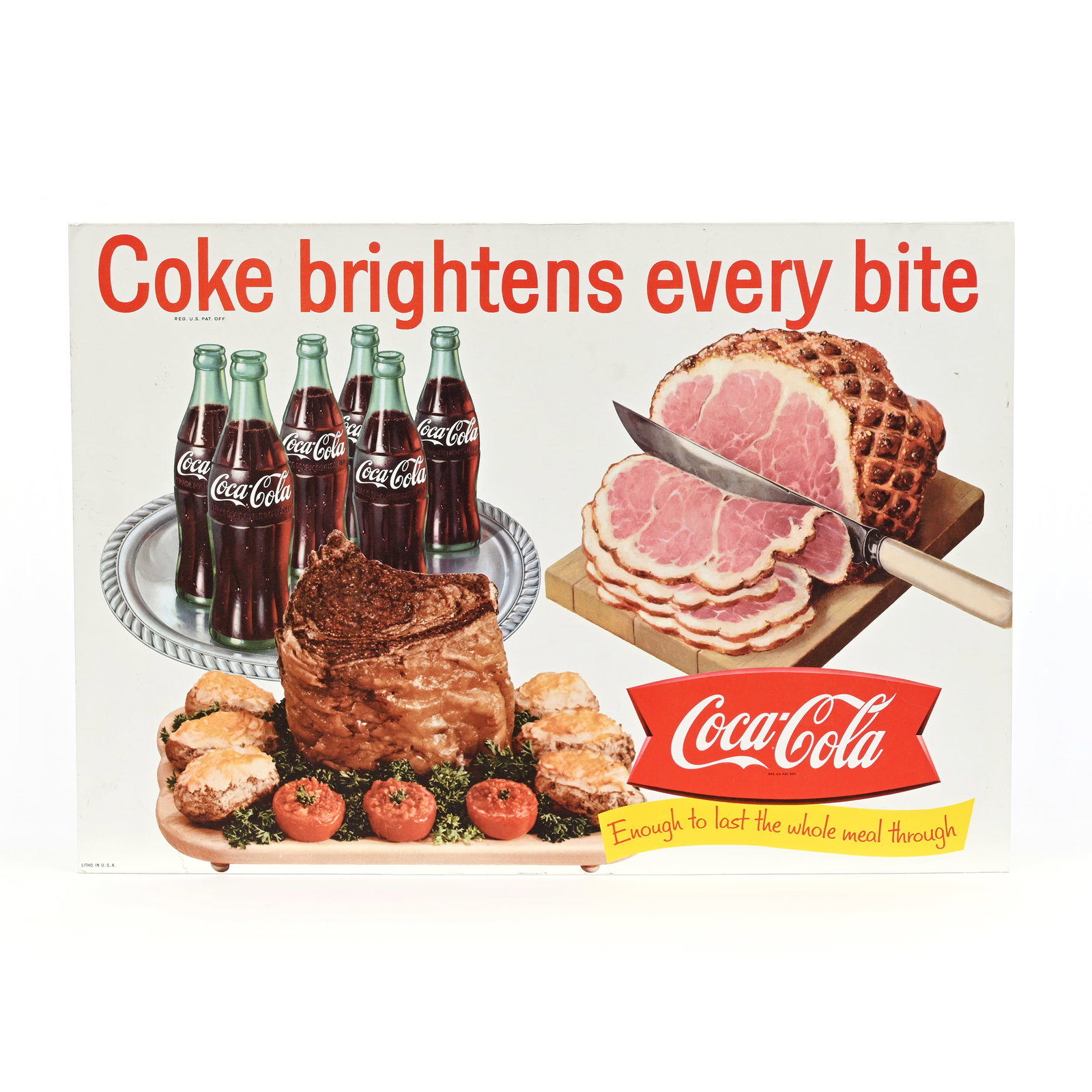 1960's Coca Cola Sign, Fishtail With Ham: 1960's Coca Cola Sign, Fishtail With Ham, 14" x 20", Kansas Private Collection.