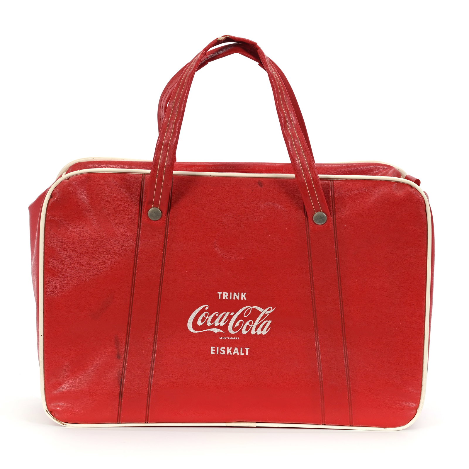 1960's Coca Cola Trink-German Vinyl Cooler: 1960's Coca Cola Trink-German Vinyl Cooler, 10" x 14.5", Red, Some Tears On Vinyl Handles, Kansas Private Collection.