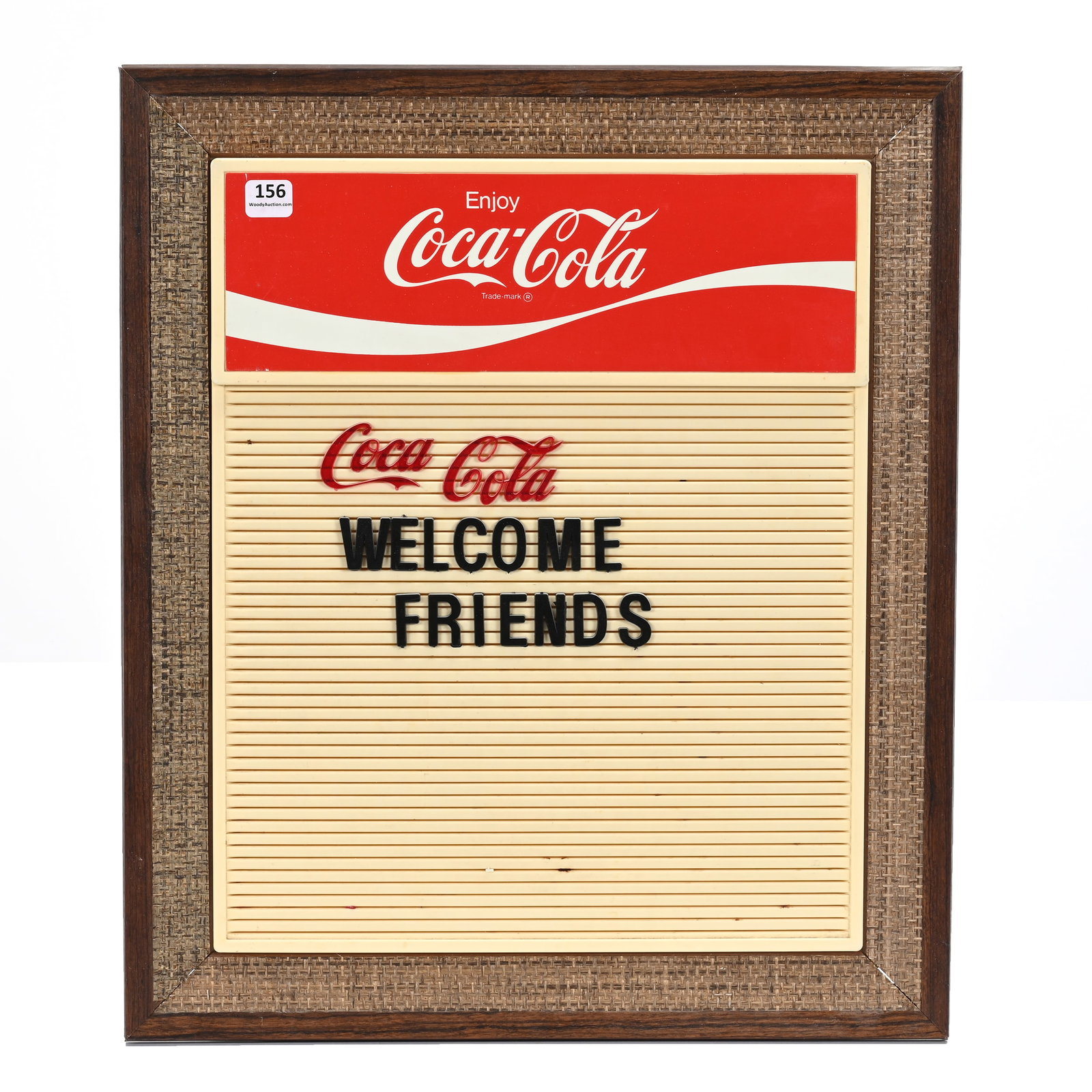 Coca Cola Menu Board, Burlap Border: Coca Cola Menu Board, Burlap Border, 18.5" x 15.5", "Welcome Friends", Kansas Private Collection.