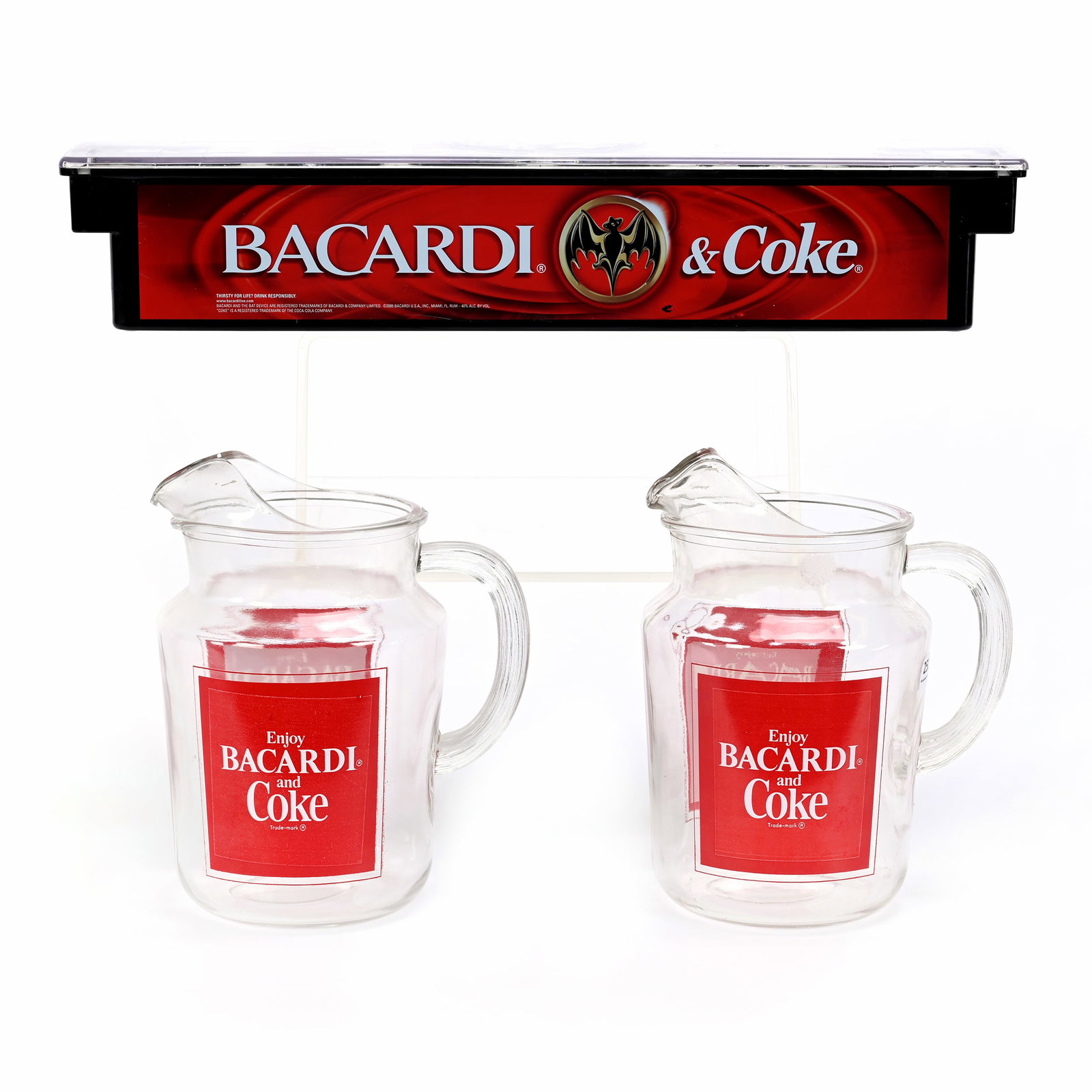 Coca Cola Bacardi And Coke Condiment Container: Coca Cola Bacardi And Coke Condiment Container, 3.5" x 19.5" x 6" container, Selling With Two Pitchers, Kansas Private Collection.