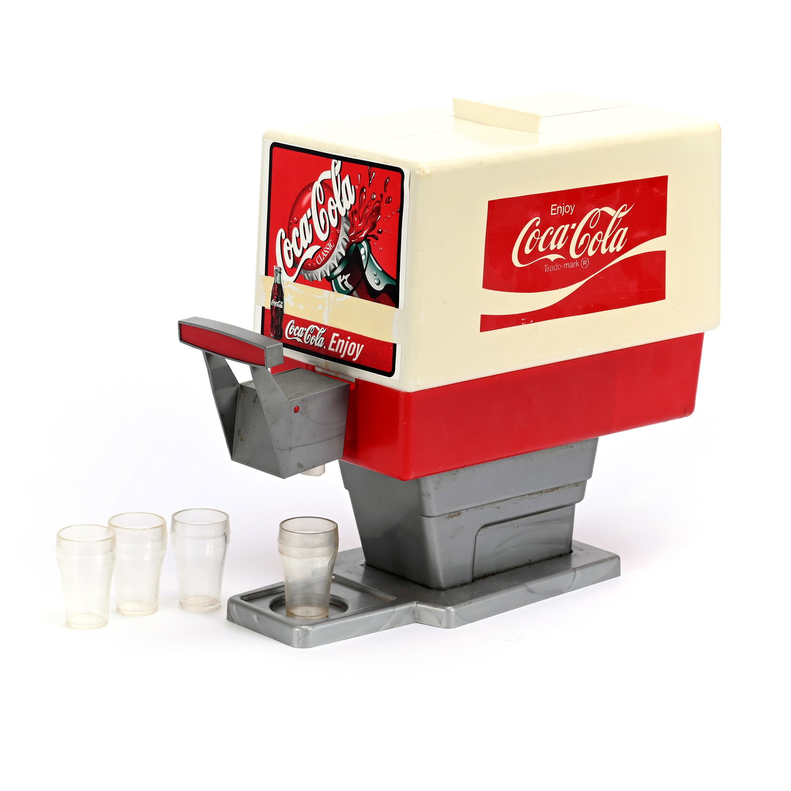 1970's Coca Cola Child's Dispenser, No Box: 1970's Coca Cola Child's Dispenser, No Box, 11" x 13", Includes (4) Glasses, Replacement Front Decal, Kansas Private Collection.
