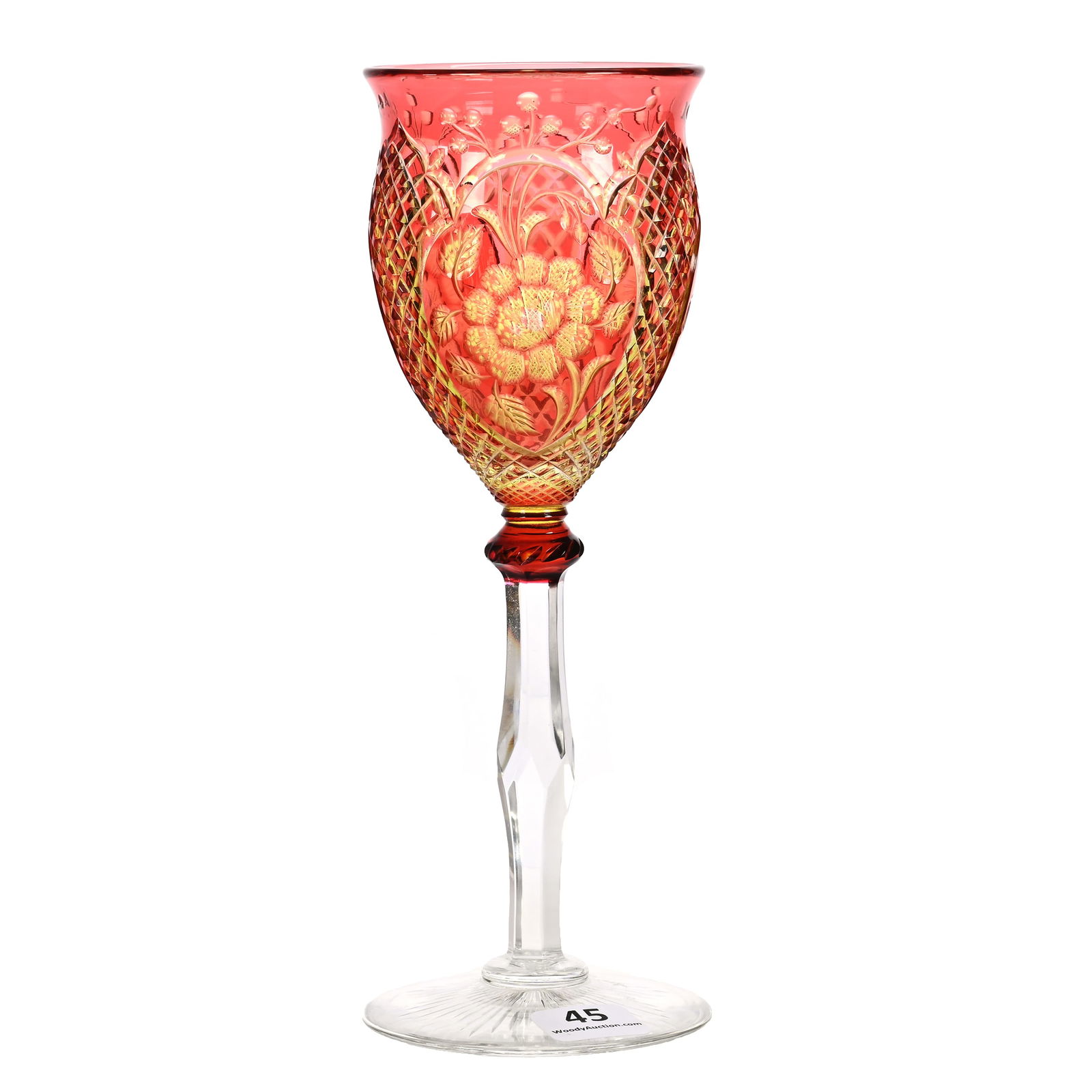 Wine Stem, BPCG, Cranberry Over Yellow: Wine Stem, BPCG, Cranberry Over Yellow, 8" x 3", Diamond And Engraved Floral Motif Attributed To Stevens And Williams, Clear Stem And Ray Cut Foot, Washington Private Collection.