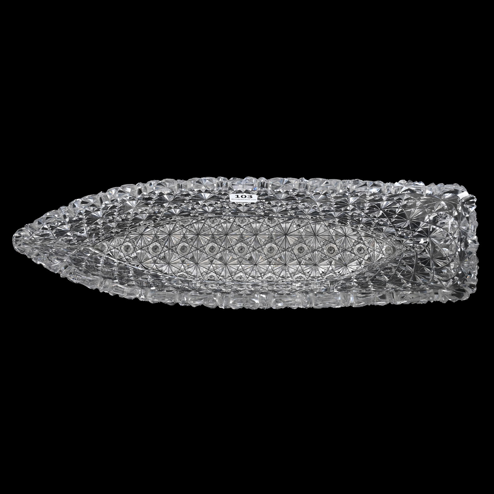 Boat Shape Dish, American Brilliant Cut Glass: Boat Shape Dish, American Brilliant Cut Glass, 3" x 14" x 4", Full Russian Cut Pattern, Star Cut Buttons, Possible Light Edge Touch-Up, South Dakota Private Collection.