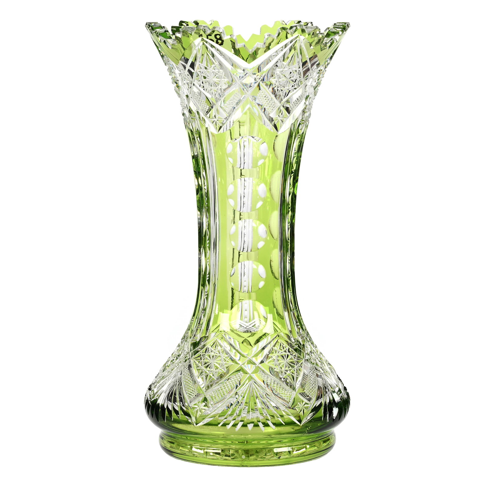 Vase, BPCG, Green Cut To Clear: Vase, BPCG, Green Cut To Clear, 8" x 4", Pattern #3613/17 By Val St. Lambert, Circa 1908, Hobstar Base, Private Collection.