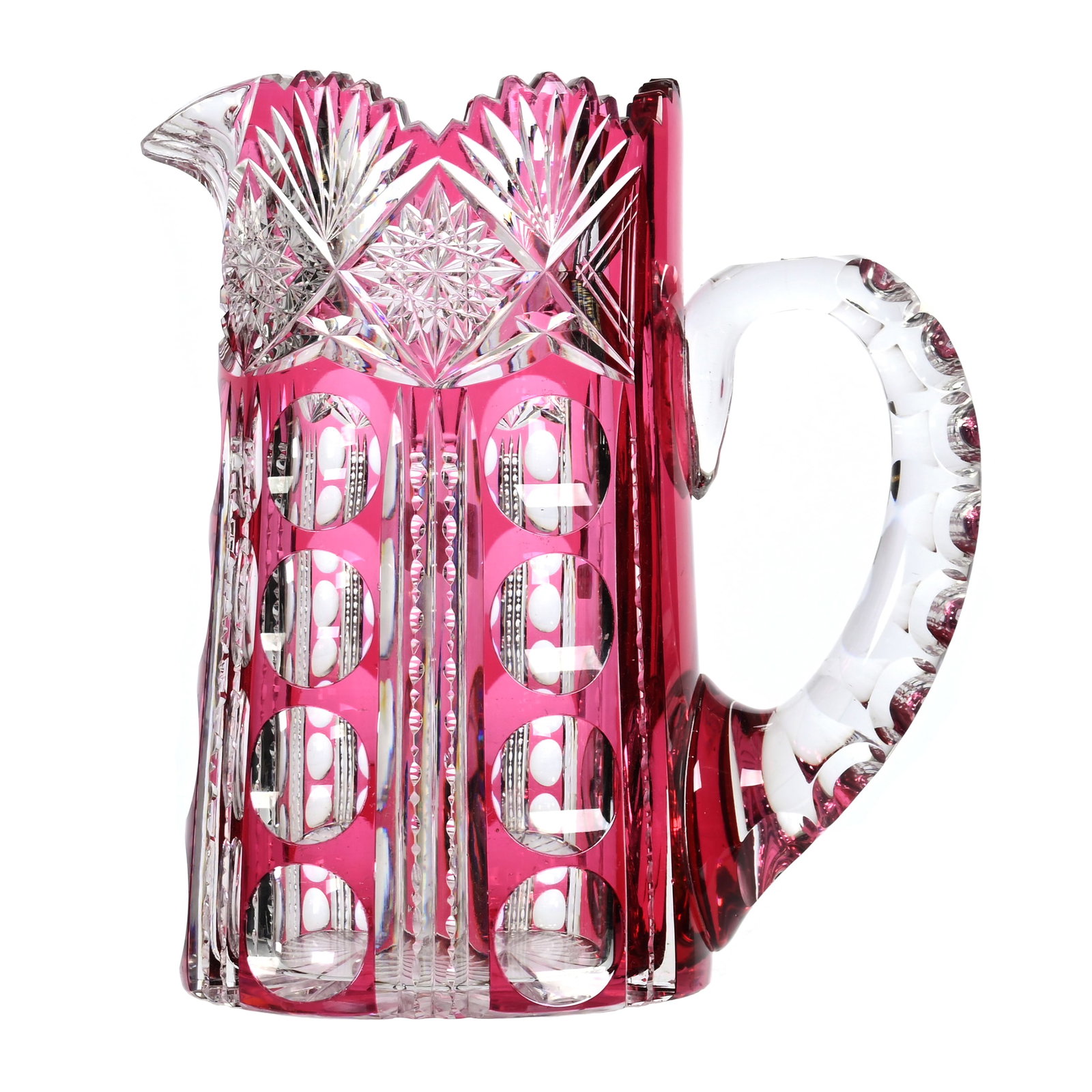 Pitcher, ABCG, Cranberry Cut To Clear: Pitcher, ABCG, Cranberry Cut To Clear, 7.5" x 7", Columns Of Prism And Bullseye With Hobstar And Fan Border, Double Notched Handle, Ray Cut Base, Virginia Chaplin Collection, VA. UPDATED 11-9-23: Patt