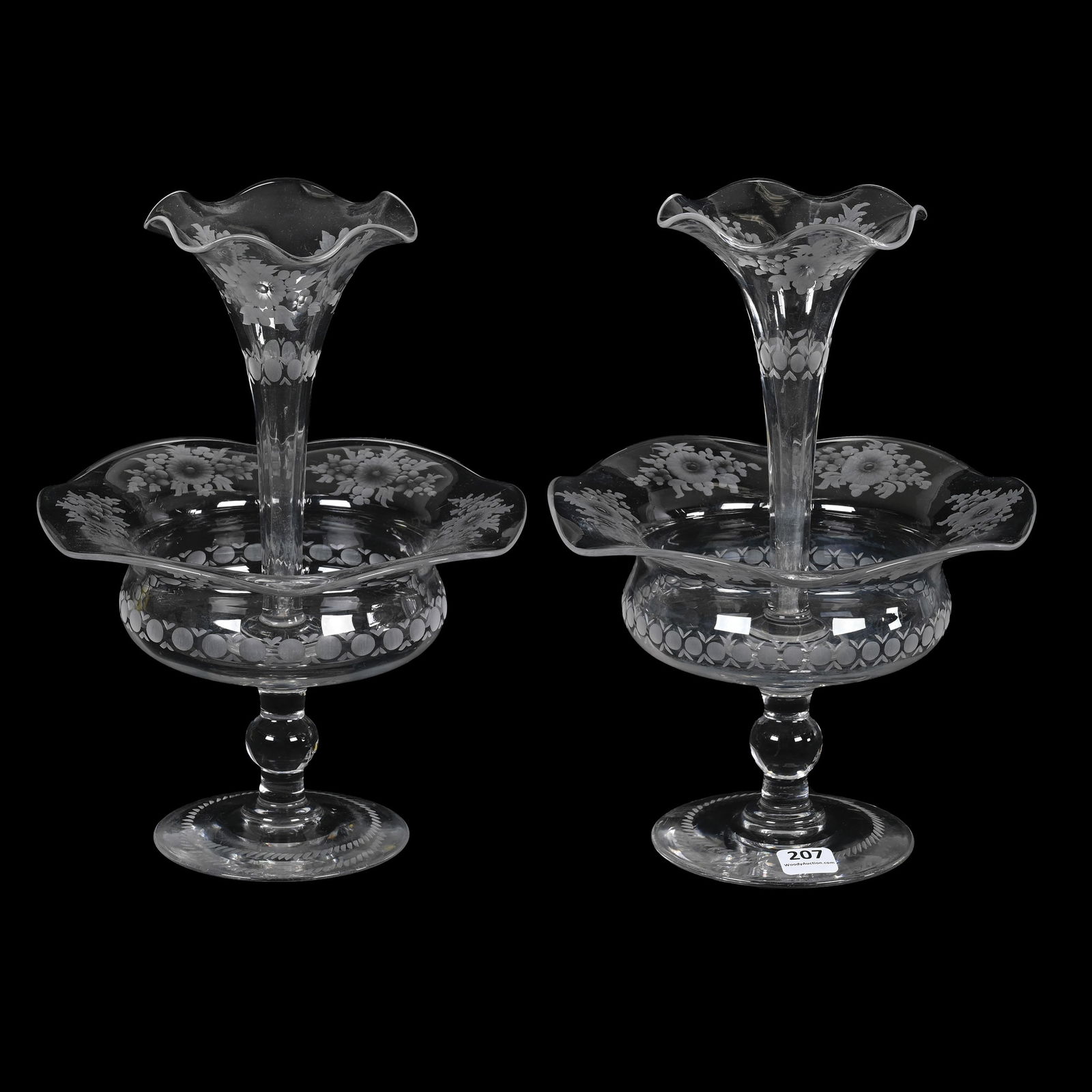 Pair Pedestal Epergnes, ABCG, Signed Libbey: Pair Pedestal Epergnes, ABCG, Signed Libbey, 10.5" x 7.5", Epergnes Are One Piece, Engraved Floral Pattern, South Dakota Private Collection.