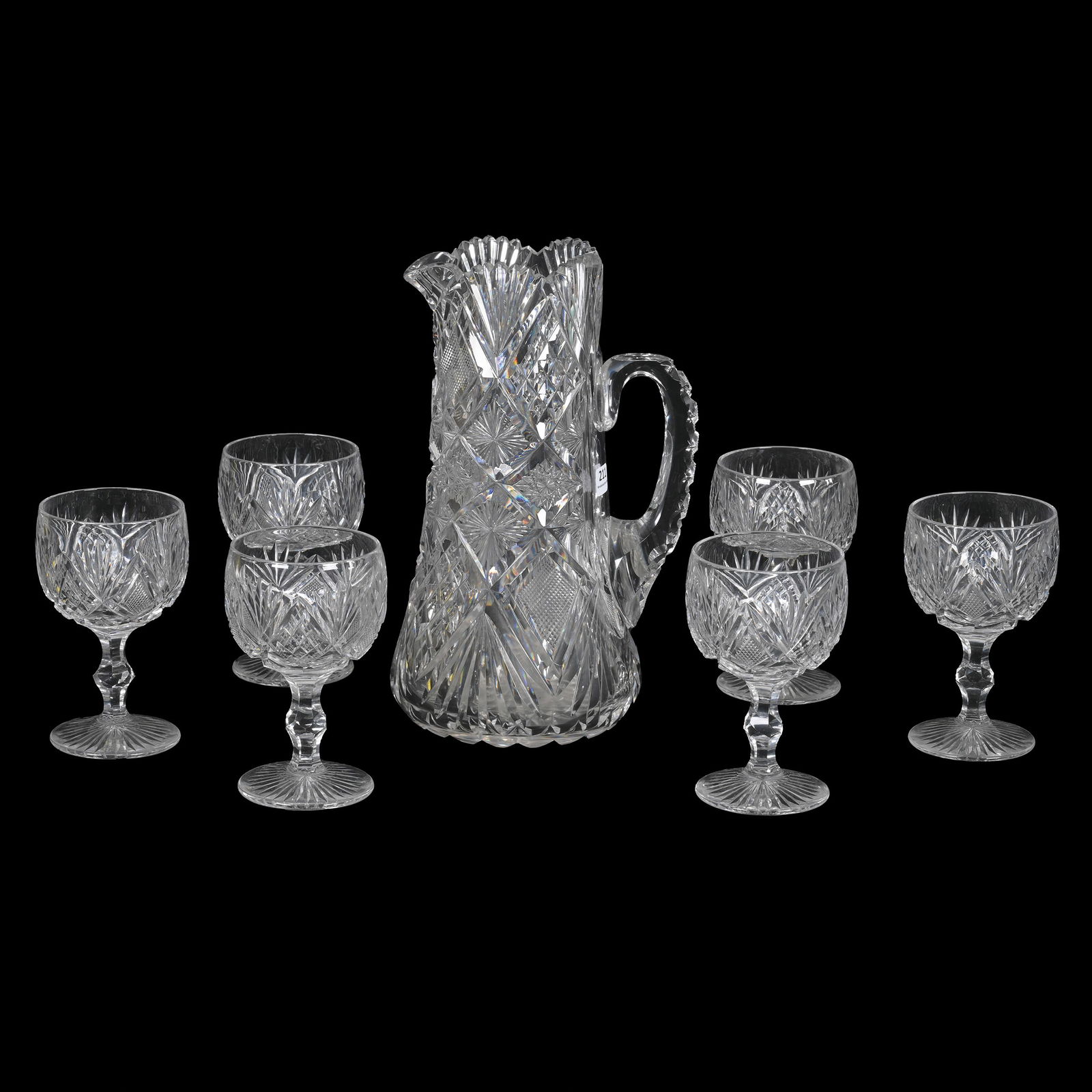 Water Set, ABCG, Harvard Pattern By Libbey: Water Set, ABCG, Harvard Pattern By Libbey, (1) 12" x 7.5" Tankard, Pattern Cut Handle, Hobstar Base, (6) Matching 6" x 3.5" Goblets, Nice Set, Tooth Nick On Pitcher, South Dakota Private Collection.