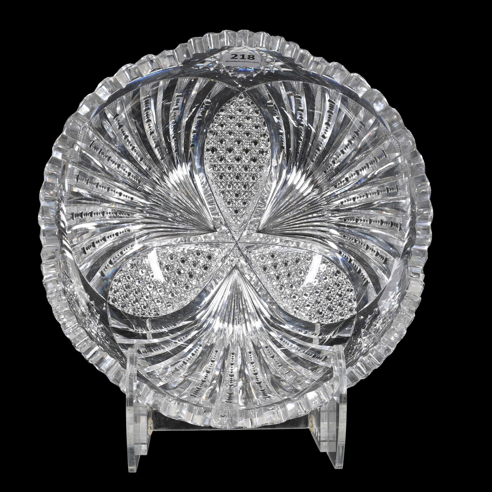 Bowl, American Brilliant Cut Glass: Bowl, American Brilliant Cut Glass, 4" x 9.25", Nautilus Type Design With Beautiful Cane Pattern Vesicas, Quality Blank, Well Cut, Tooth Chip, Inside Rim Chip, Oregon Private Collection.