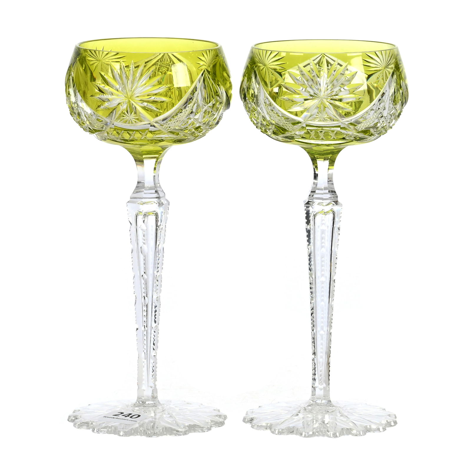 (2) Wine Stems, BPCG, Yellow Cut To Clear: (2) Wine Stems, BPCG, Yellow Cut To Clear, 7.75" x 3.25", Epinal Pattern By Val St. Lambert, Circa 1908, Private Collection.