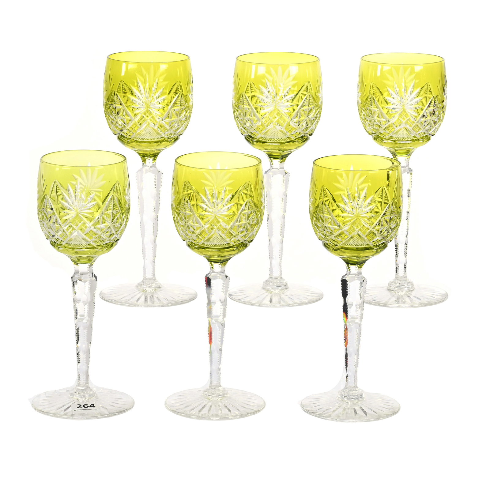 (6) Wine Stems, BPCG, Yellow Cut To Clear: (6) Wine Stems, BPCG, Yellow Cut To Clear, 7.75" x 3", Attributed To Val St. Lambert, Star, Strawberry Diamond, Block And Fan Motif, Solid Notched Stem, Ray Cut Foot, Private Collection.