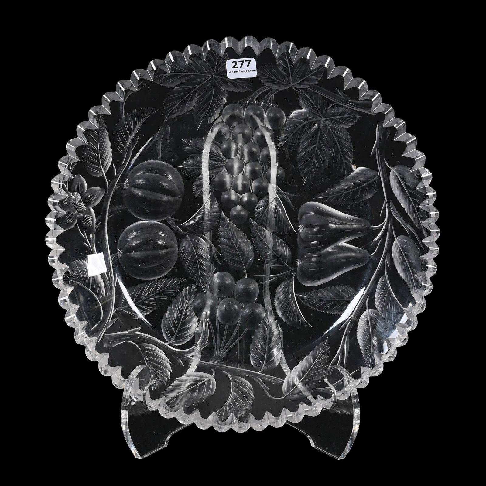 Round Tray, American Brilliant Cut Glass: Round Tray, American Brilliant Cut Glass, 11.5", Finely Engraved Four Fruits Decor With Grapes, Pears, Persimmon And Cherries, Heavy Blank, South Dakota Private Collection.