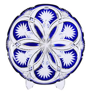 Round Tray, BPCG, Cobalt Blue Cut To Clear: Round Tray, BPCG, Cobalt Blue Cut To Clear, 14", Winchester Pattern By Val St. Lambert, Circa 1925, Private Collection.