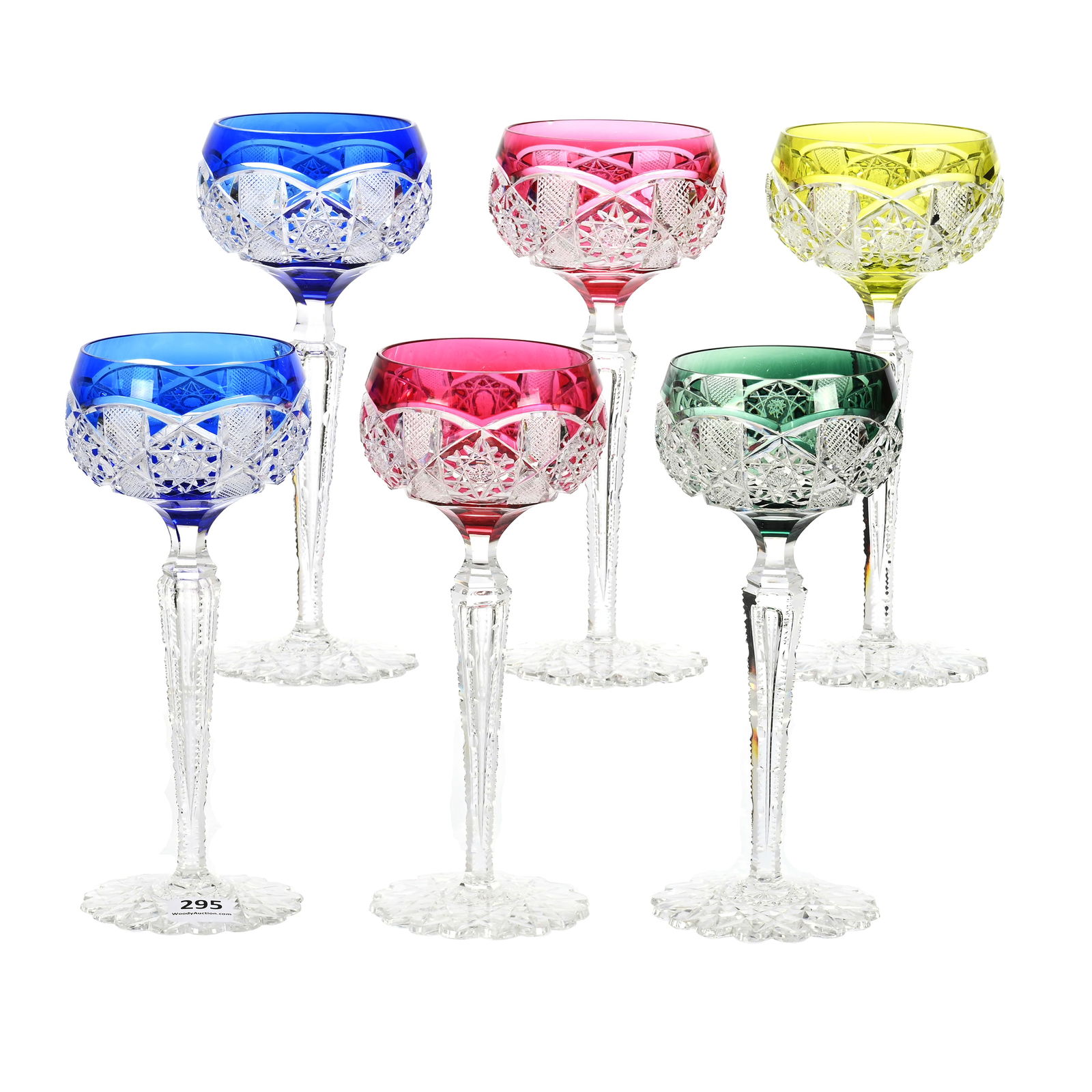 (6) Wine Stems, BPCG, Color Cut To Clear: (6) Wine Stems, BPCG, Color Cut To Clear, 7.75" x 3", Saarbrucken Pattern By Val St. Lambert, Circa 1925, (2) Blue, (2) Cranberry, (1) Emerald Green, (1) Yellow, Private Collection.