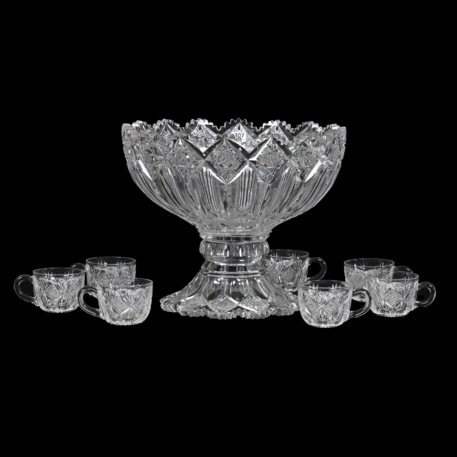 Punch Set, ABCG, Signed Hawkes Brunswick Pattern: Punch Set, ABCG, Signed Hawkes Brunswick Pattern, (1) 10" x 12.5" Two Part Punch Bowl, Minor Tooth Roughness On Bowl, Base Has Two Chipped Teeth, (7) Matching Punch Cups, Four Cups With Rim Chip, One 