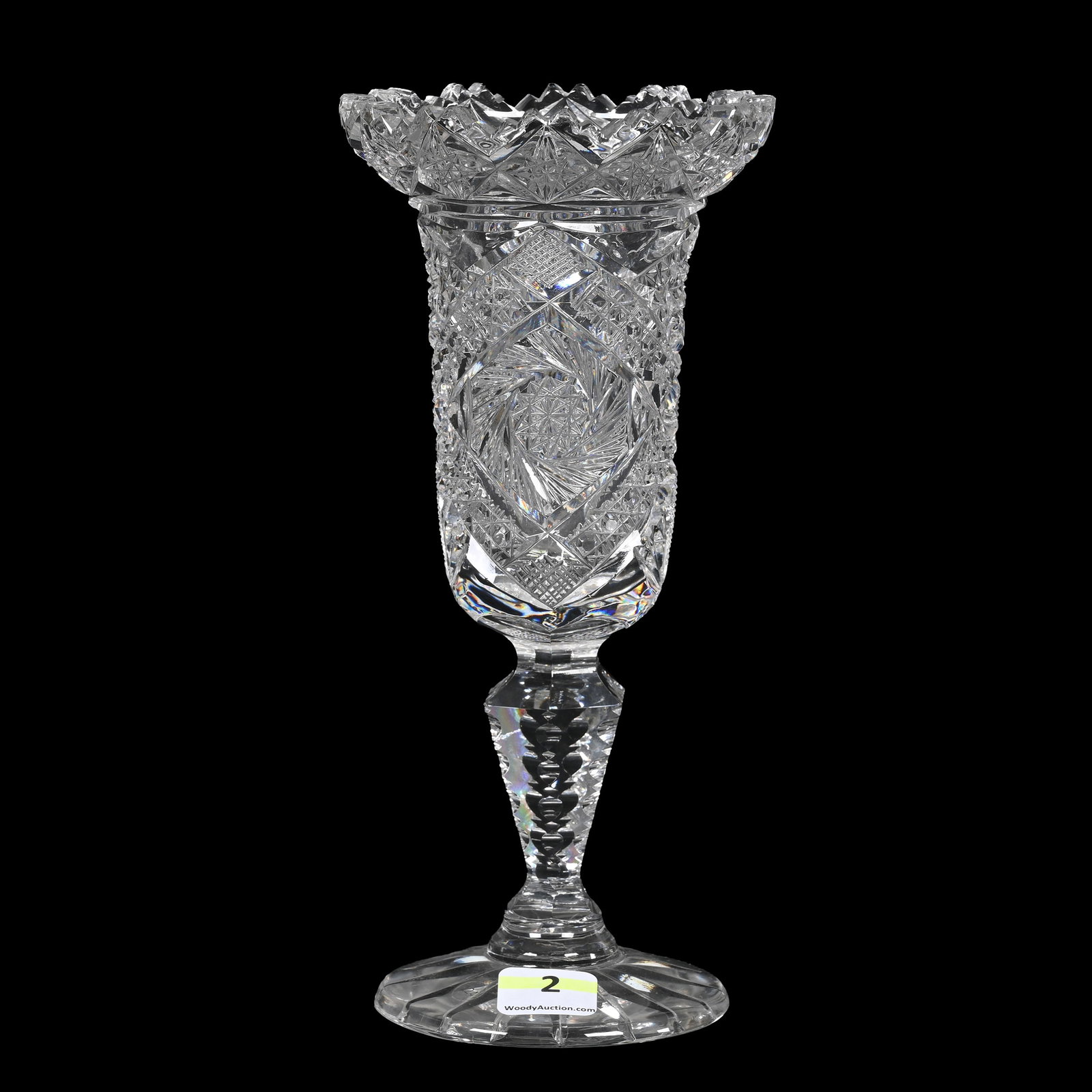 Pedestal Vase, American Brilliant Cut Glass: Pedestal Vase, American Brilliant Cut Glass, 8.25" x 3.75", Pinwheel, Hobstar, Cane, Strawberry Diamond And Fan Motif, Solid Notched Stem, Ray Cut Foot, Virginia Chaplin Collection, VA.