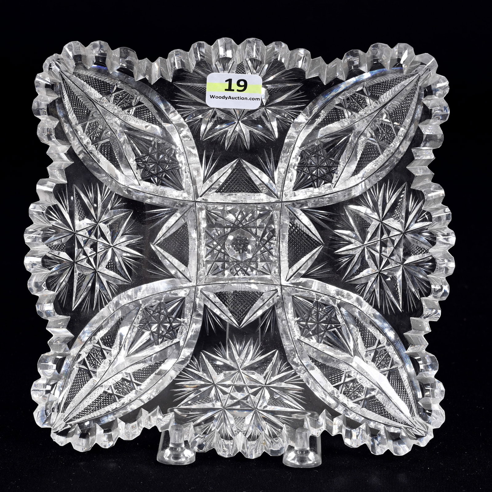 Square Plate, ABCG, Trojan Pattern, Pitkin & Brooks: Square Plate, American Brilliant Cut Glass, Trojan Pattern, Pitkin & Brooks, 6.5", Some Tooth Roughness On Corners, Rim Chips, Virginia Chaplin Collection, VA.