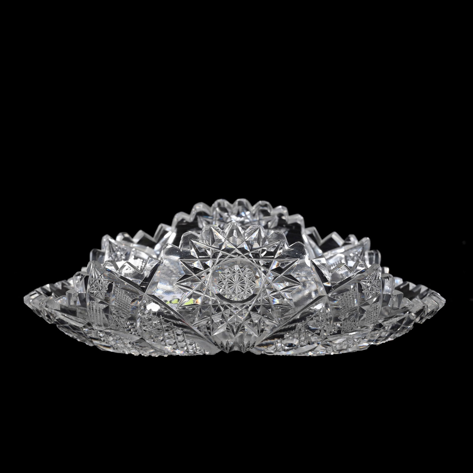 Folded Relish, American Brilliant Cut Glass: Folded Relish, American Brilliant Cut Glass, 2.5" x 7" x 4.25", Four Sections Of Hobstar, Vesica, Cane, Nailhead Diamond, Strawberry Diamond And Fan Motif, Interior Rim Chip, Virginia Chaplin Collecti