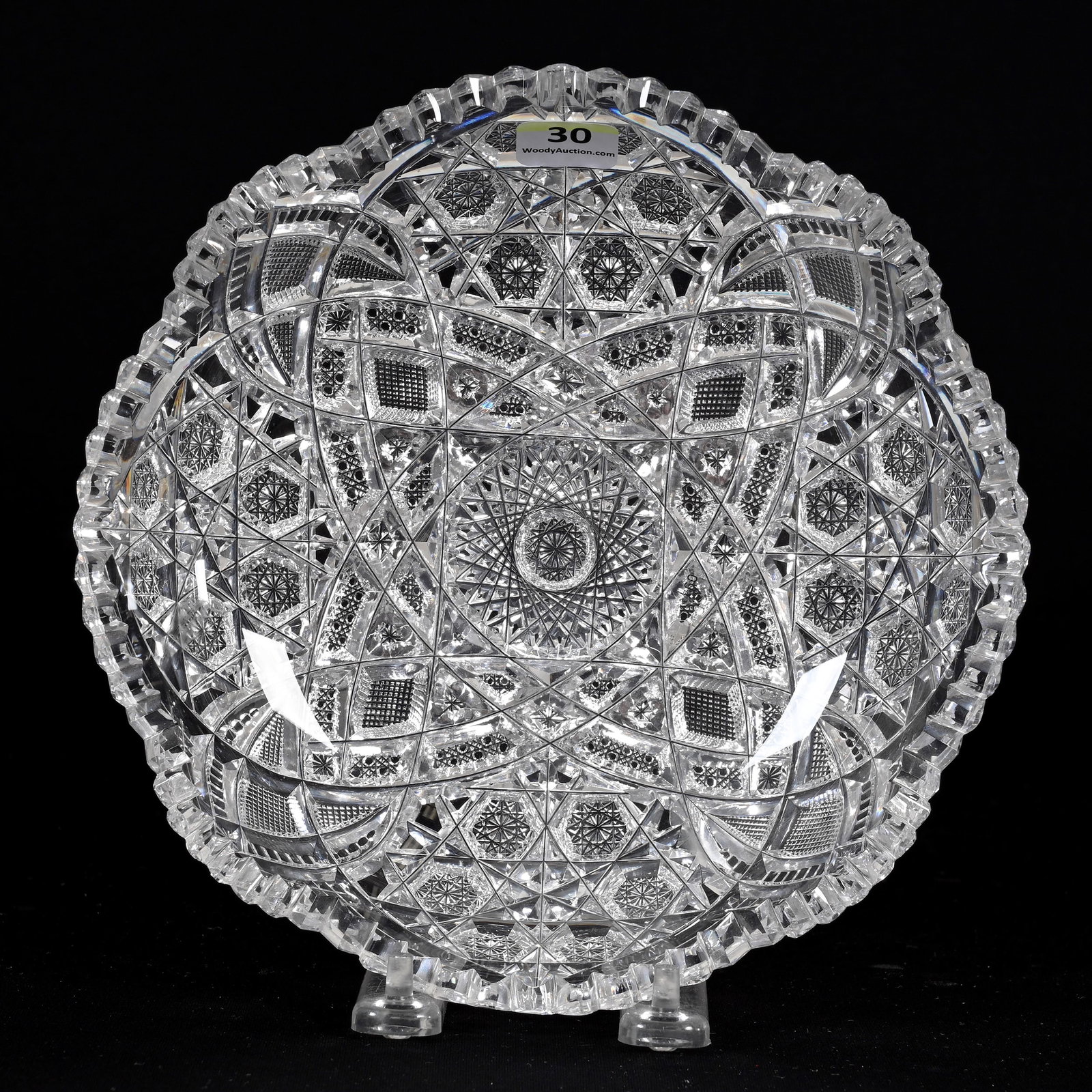 Bowl, American Brilliant Cut Glass: Bowl, American Brilliant Cut Glass, 2" x 8", Completely Cut With Hobstar Cluster, Vesica, Cane, Strawberry Diamond And Star Motif, Very Sharp, Well Cut, Virginia Chaplin Collection, VA.
