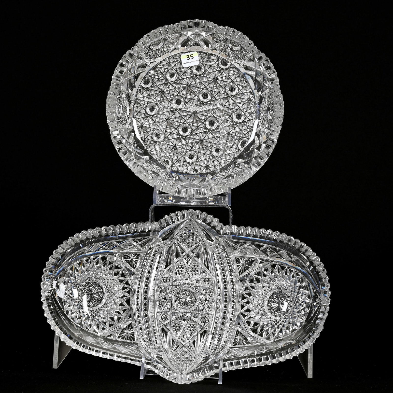 (2) Items, American Brilliant Cut Glass: (2) Items, American Brilliant Cut Glass, (1) 13.75" x 8.5" Ice Cream Tray, Princeton Pattern By Pairpoint, Two Teeth Professionally Polished, (1) 9" Low Bowl, Hunt's Royal Pattern, Some Tooth/Rim Chip