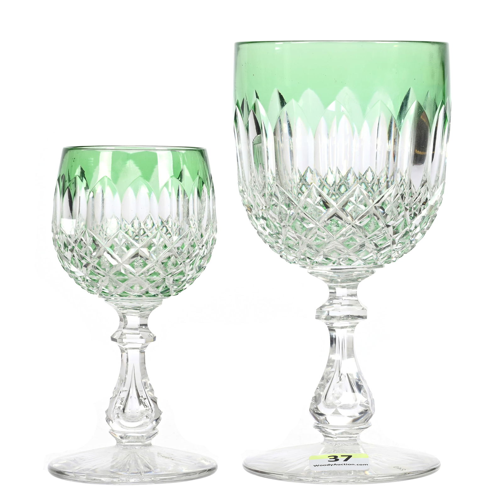 (2) Stems, BPCG, Green Cut To Clear: (2) Stems, Brilliant Period Cut Glass, Green Cut To Clear, Diamond And Miter Motif, Teardrop Stem, Ray Cut Foot, (1) 6.5" Goblet, (1) 5" Wine, Attributed To Val St. Lambert, Virginia Chaplin Collectio
