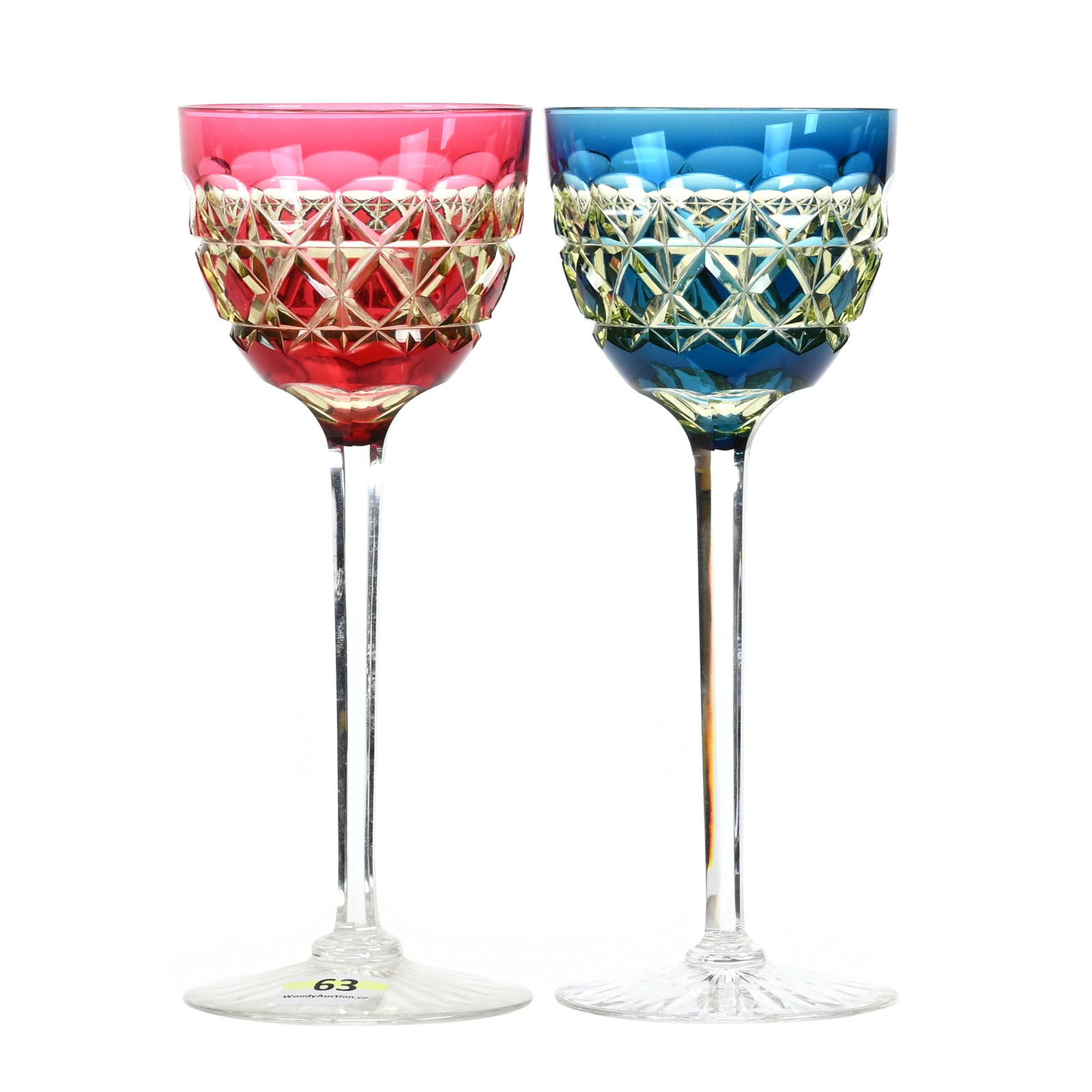 (2) Wine Stems, BPCG, Color Cut To Vaseline: (2) Wine Stems, Brilliant Period Cut Glass, Color Cut To Vaseline, 7.5" x 3", Carlton Pattern By Val St. Lambert, Circa 1925, (1) Cranberry Cut To Vaseline, (1) Cobalt Cut To Vaseline, Clear Stem, Ray