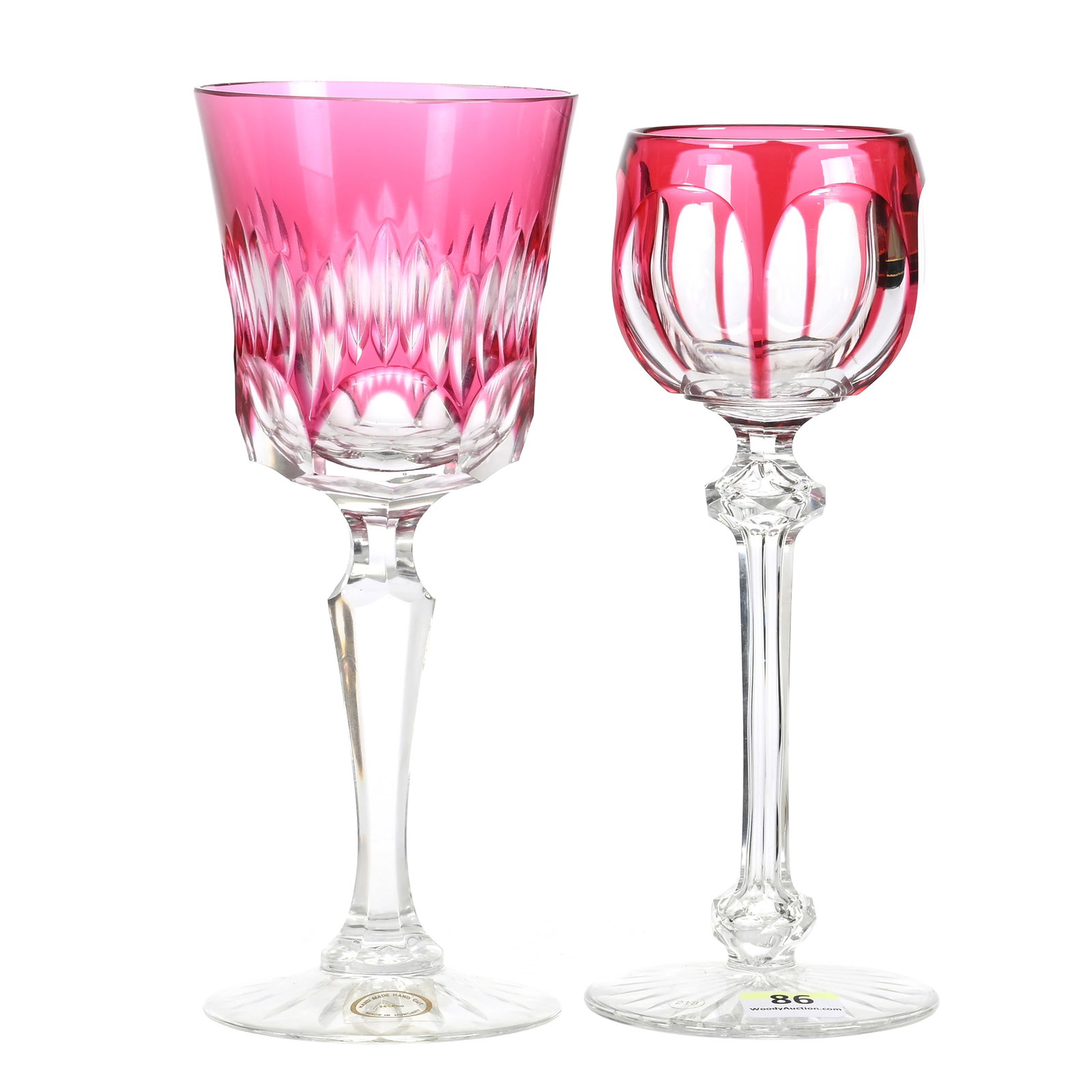 (2) Wine Stems, Cut Glass, Cranberry Cut To Clear: (2) Wine Stems, Cut Glass, Cranberry Cut To Clear, (1) 8", Modern Cut In Hungary, Flat Rim, (1) 7.75" x 3", Flute Pattern, Attributed To Val St. Lambert, Virginia Chaplin Collection, VA.