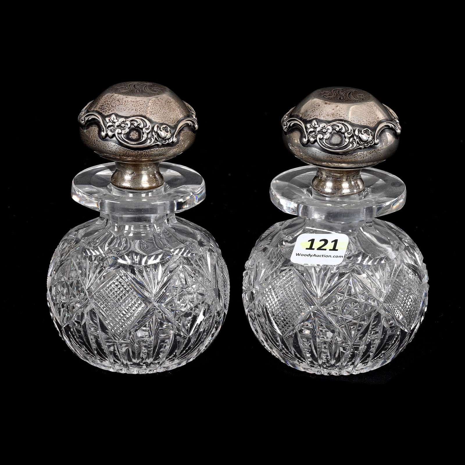 Pair Cologne Bottles, ABCG, Embossed Sterling Tops (1 of 5)